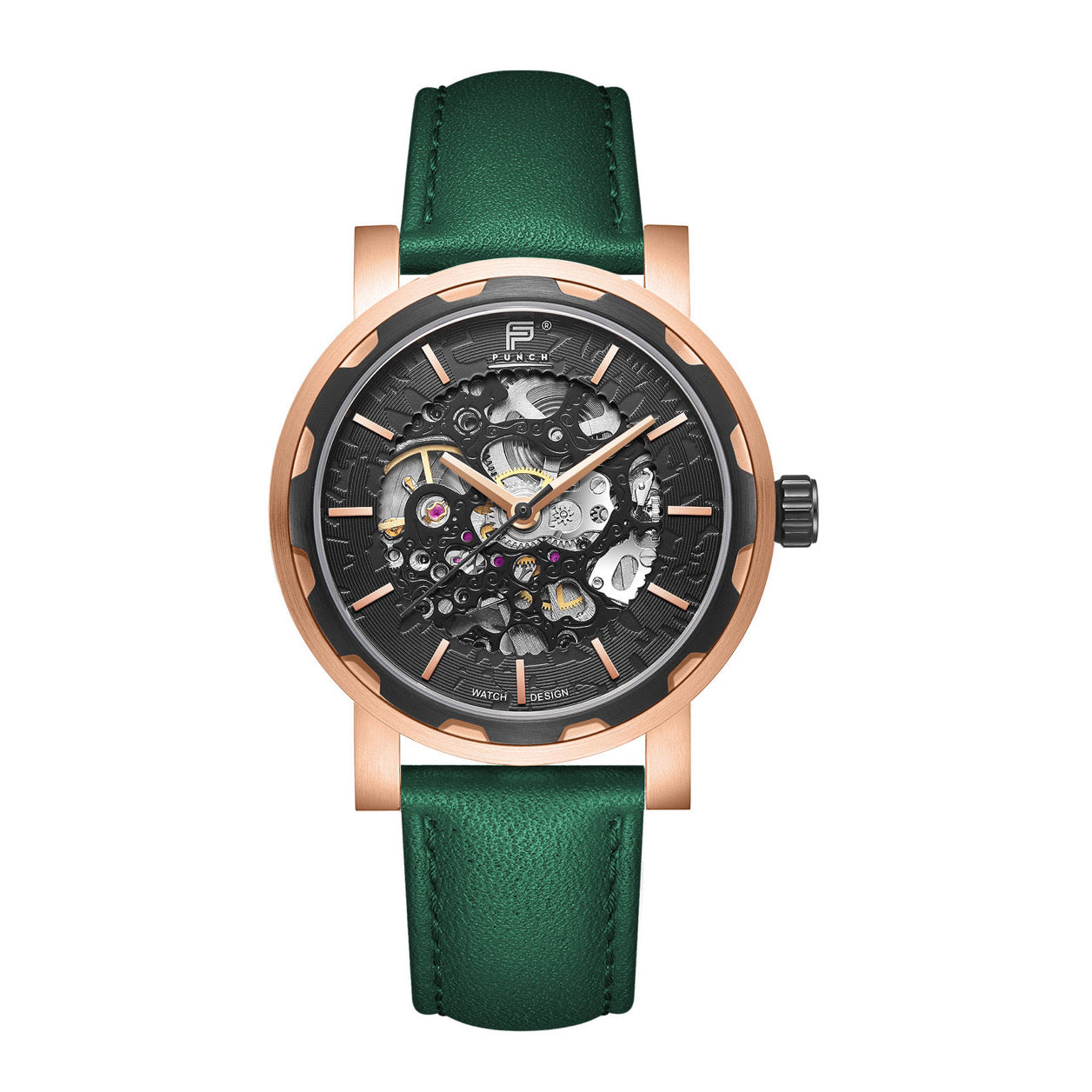 Skeleton Dial Rose Gold Wristwatch with Black Face and Green Leather Band - Close-Up