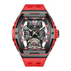 Chunky Red Skeleton Automatic Men’s sport wrist watch, skeleton style case with visible watch mechanism, rubber red watch strap