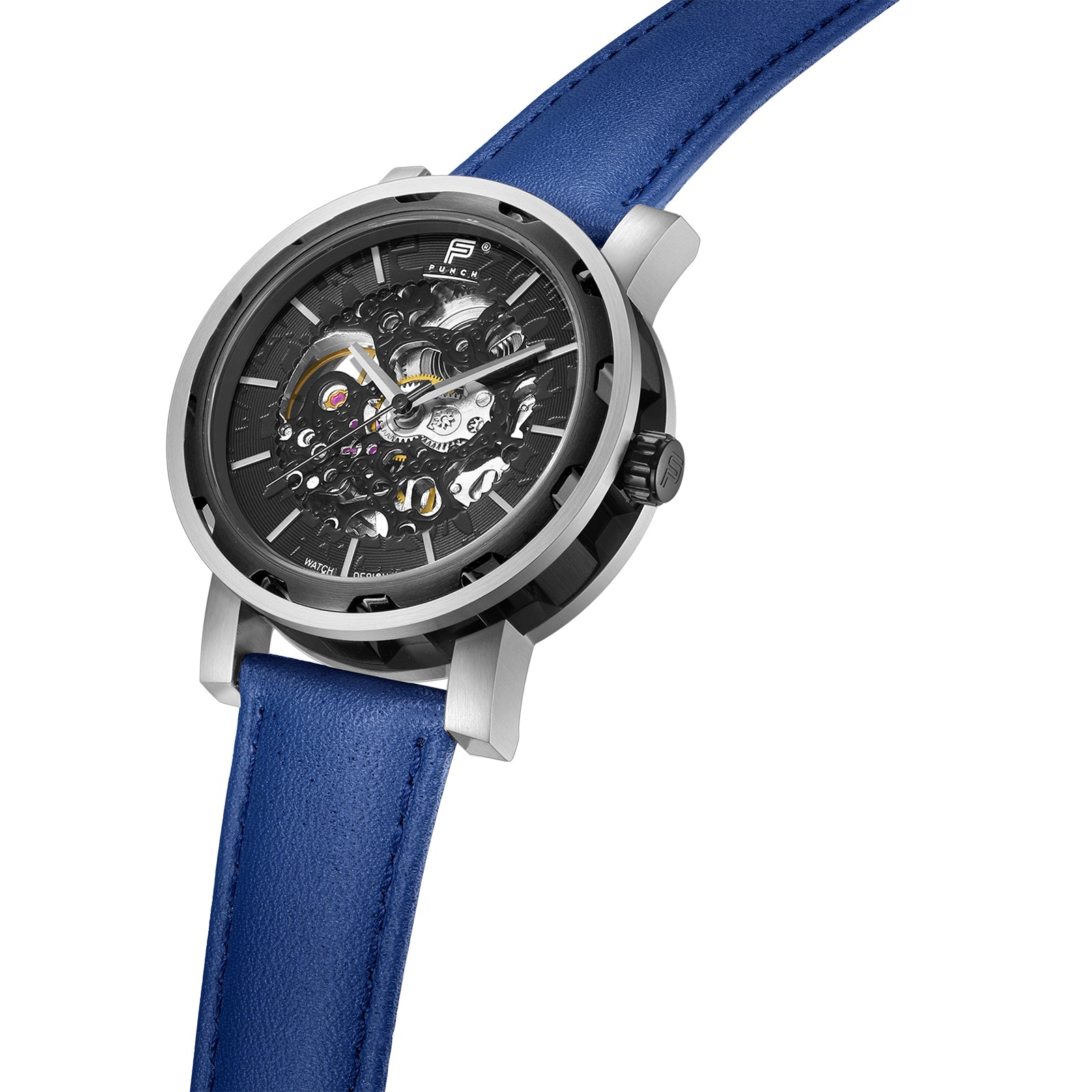 PUNCH SEMPER Silver & Black Automatic Skeleton Watch | Blue Leather