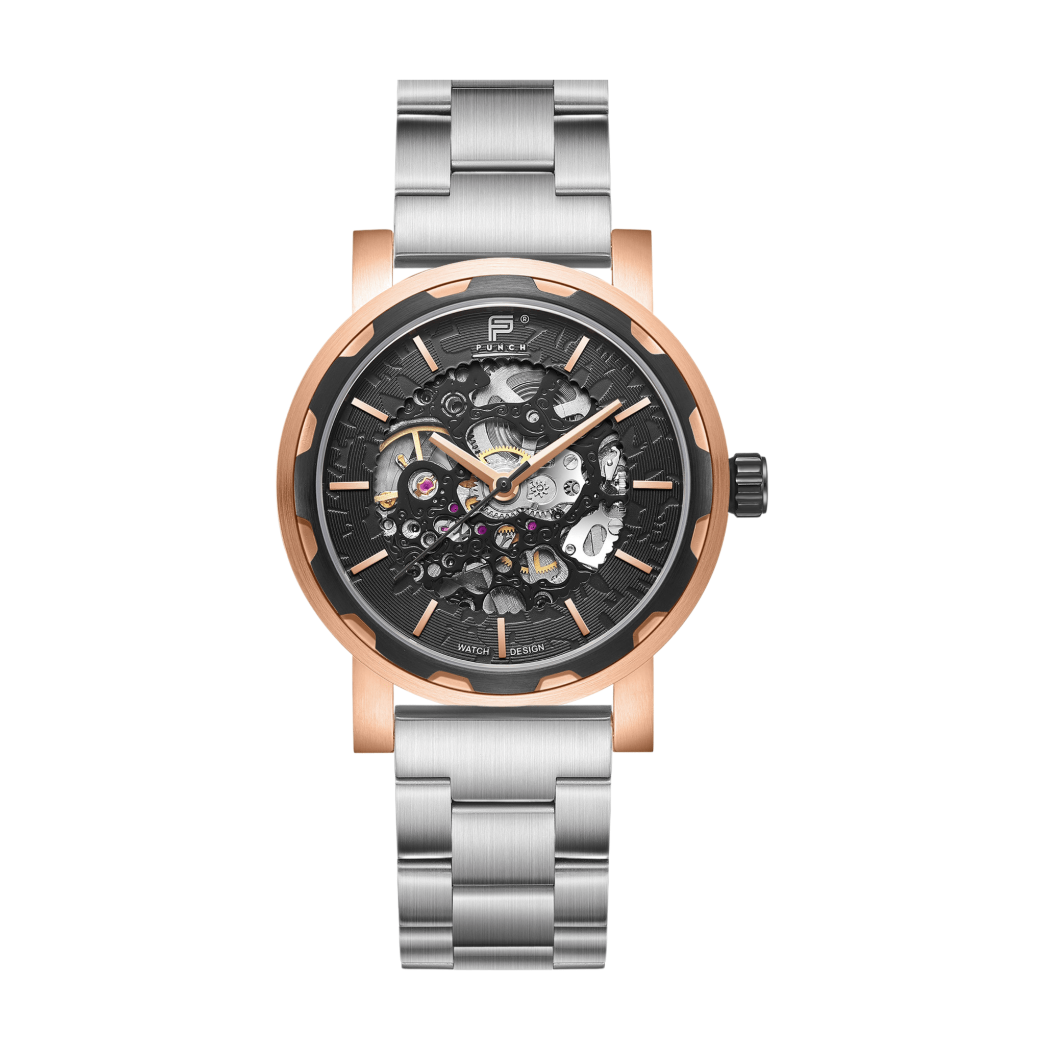 Mens Rose Gold Automatic Watch - Silver Stainless Steel Strap l PUNCH - PUNCH Watch & Eyewear - Punch Watch Design