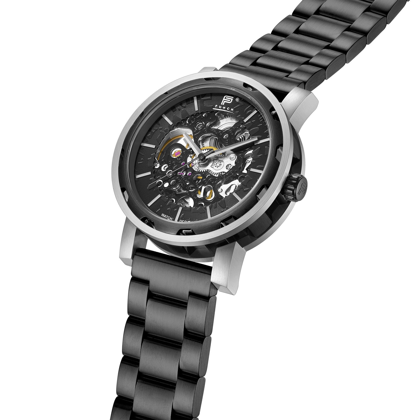 Men's Silver Automatic Skeleton Watch with Black Face and black Metal Link Stainless Steel Strap - Side View
