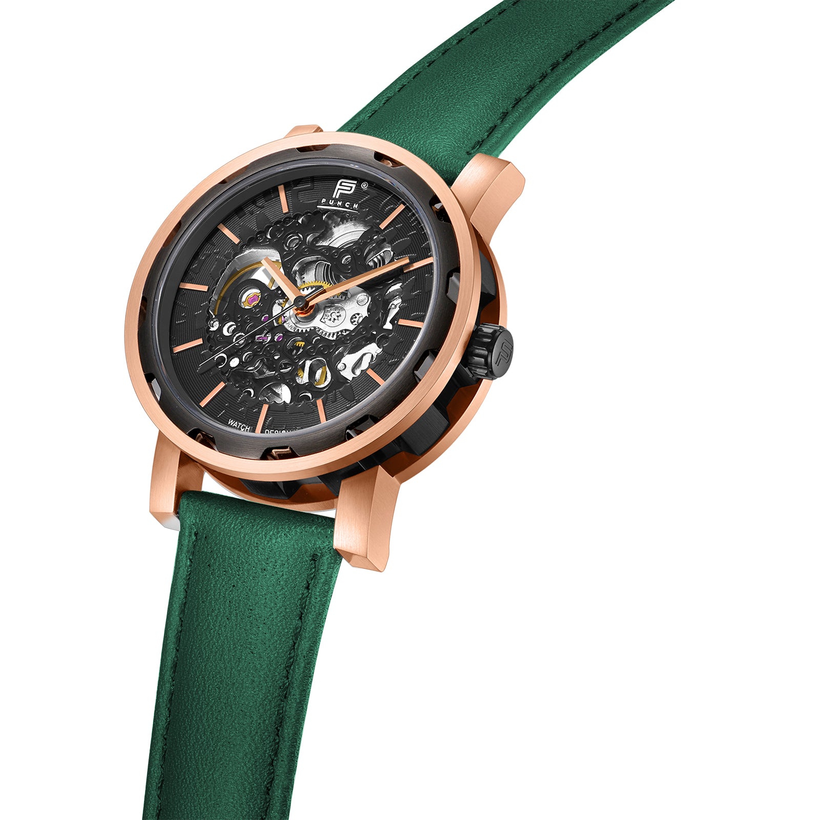 Men's Rose Gold Automatic Skeleton Watch with Black Face and Green Leather Strap - Side View