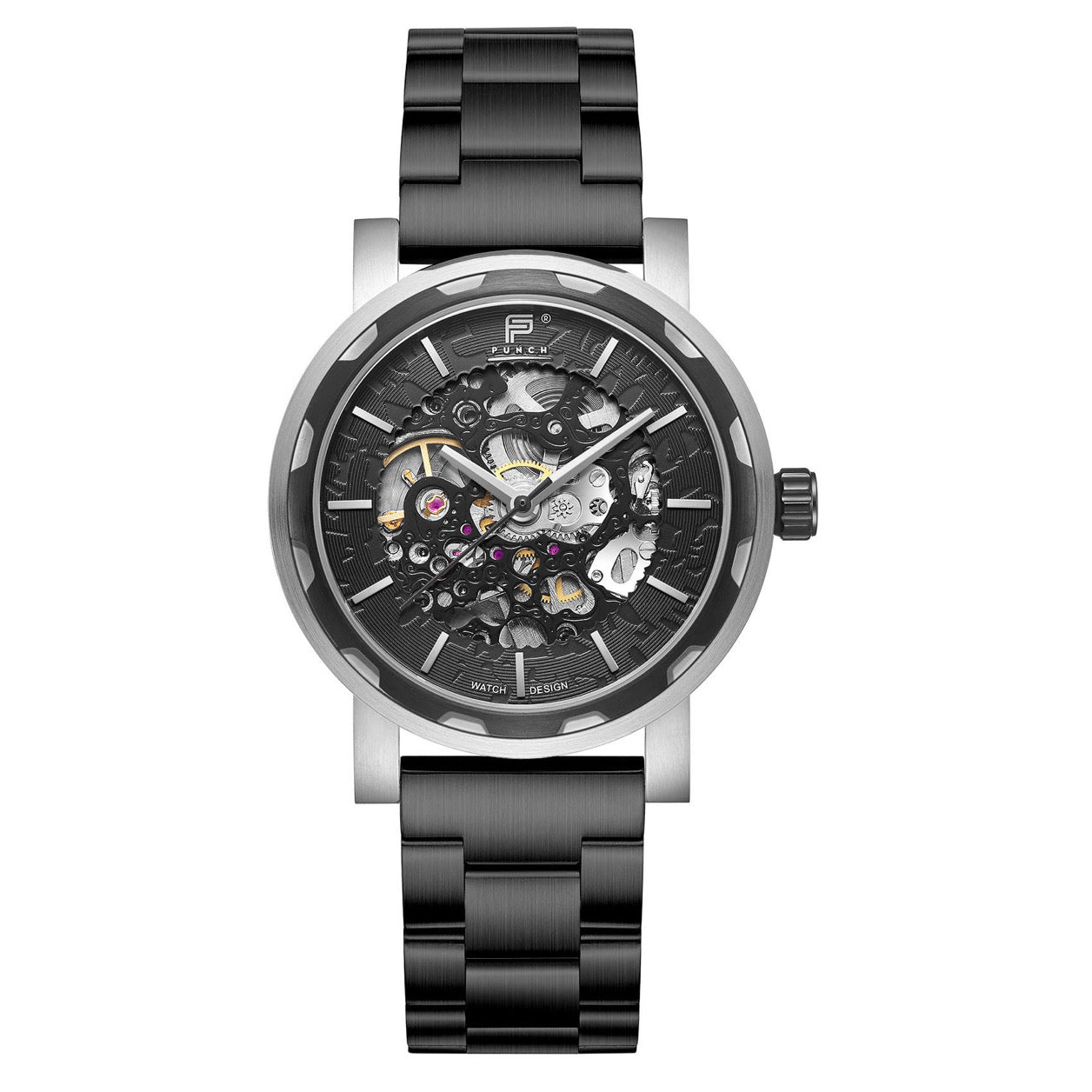 Silver Skeleton Automatic Men's Watch with Black Face and black Metal Link Stainless Steel Strap - Front View