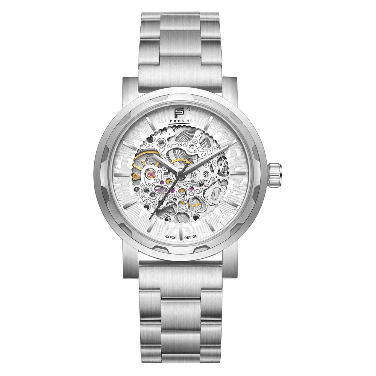 PUNCH SEMPER Silver & White Automatic Skeleton Link Watch