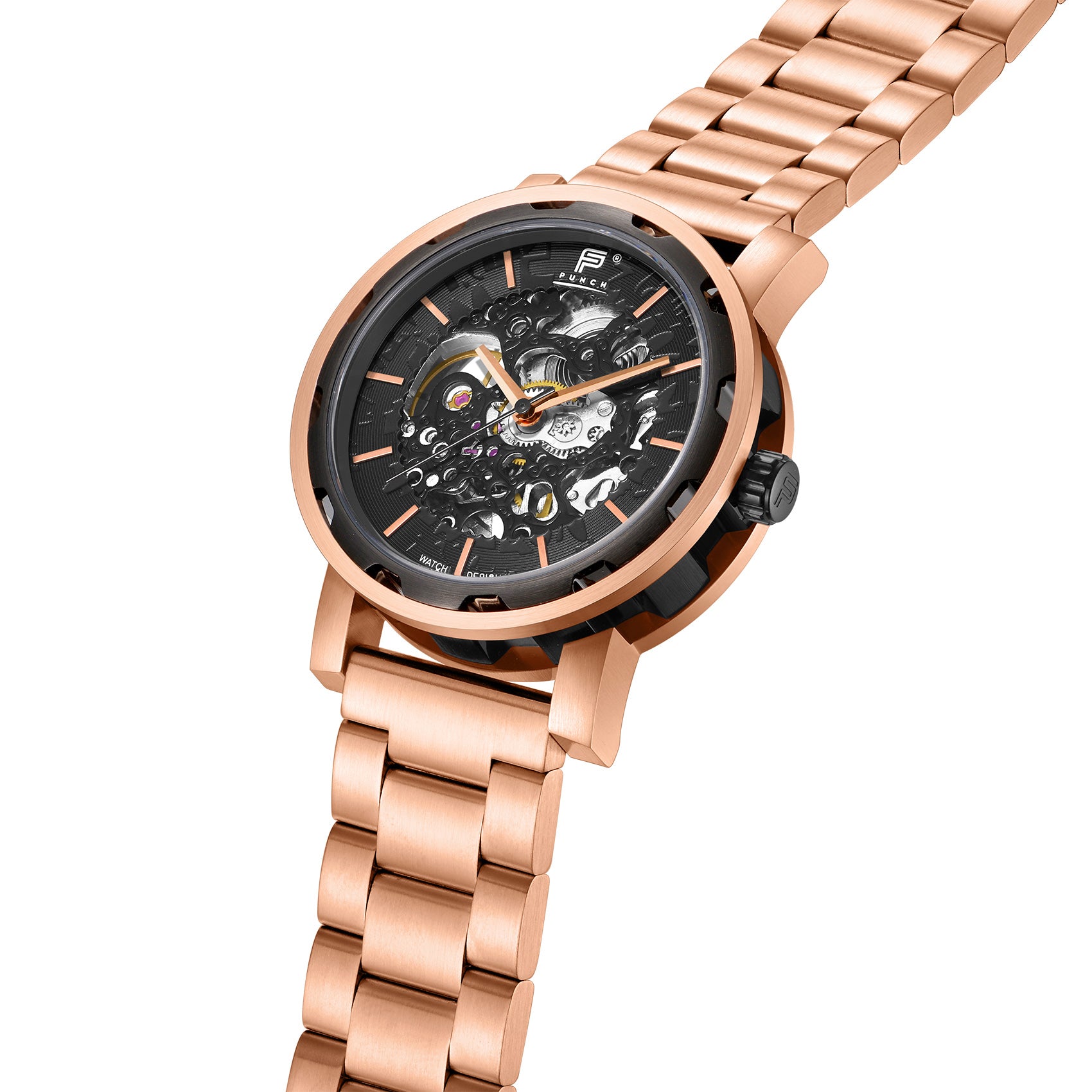 Men's Rose Gold Automatic Skeleton Wrist Watch - Side View
