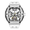 Chunky square, white and silver Skeleton Automatic Men’s wrist watch, skeleton style case with visible watch mechanism, white rubber Watch strap 