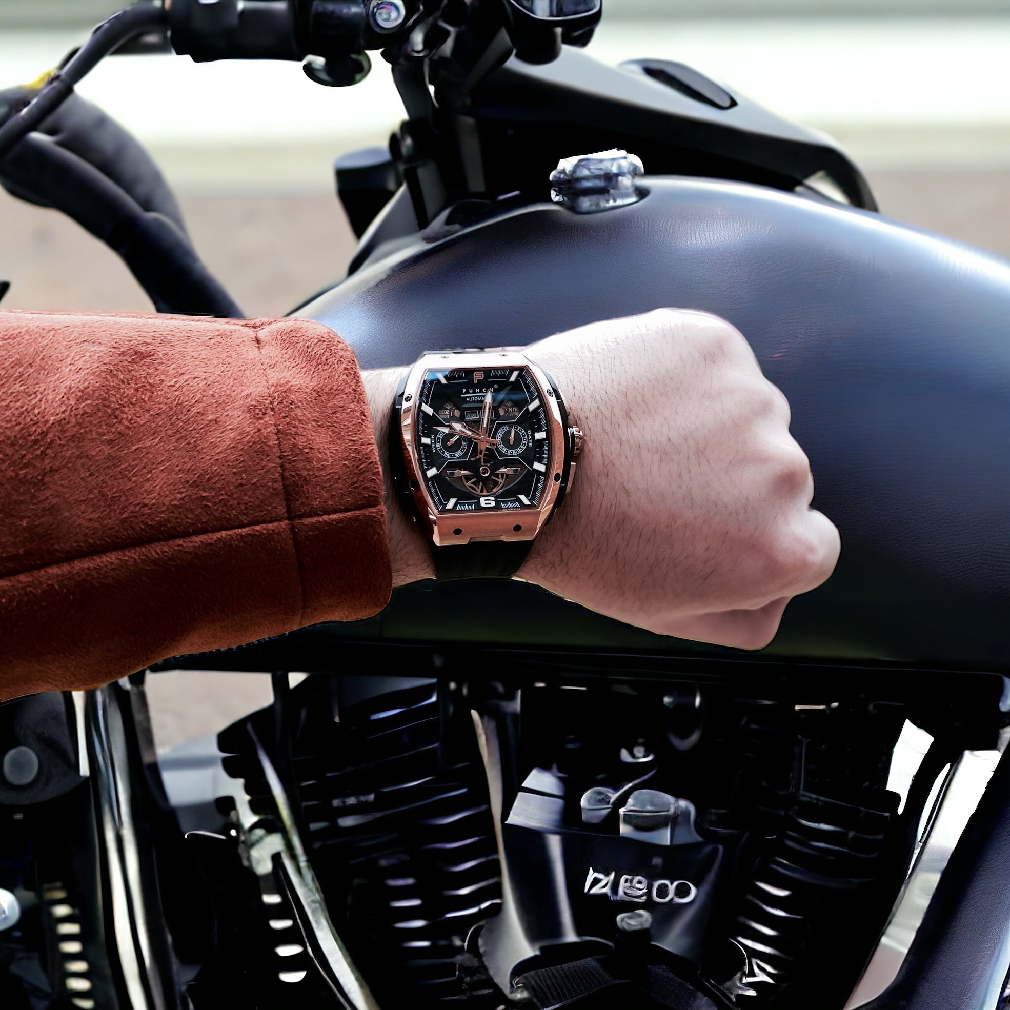 Man on motorbike wearing a solstice square men's watch
