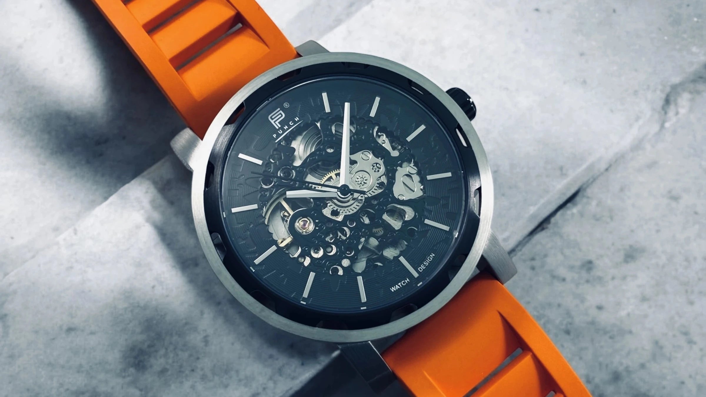 PUNCH black watch with orange strap,  bold men’s automatic watch with modern style