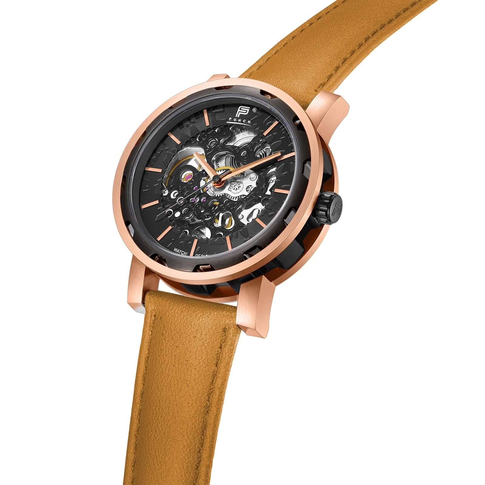 Mens Rose Gold Automatic Watch - Tan Leather Strap l PUNCH - PUNCH Watch & Eyewear - Punch Watch Design