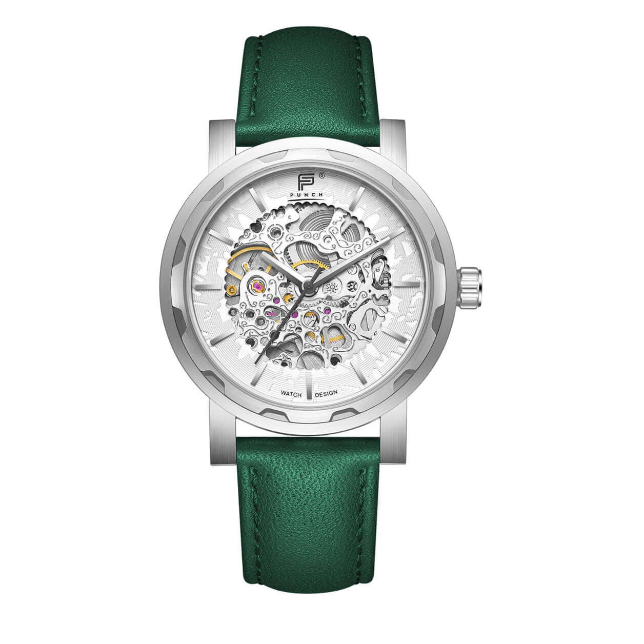 Silver Mens Watch with white Face, Skeleton Design, green leather watch Strap - Front View, men's Watches