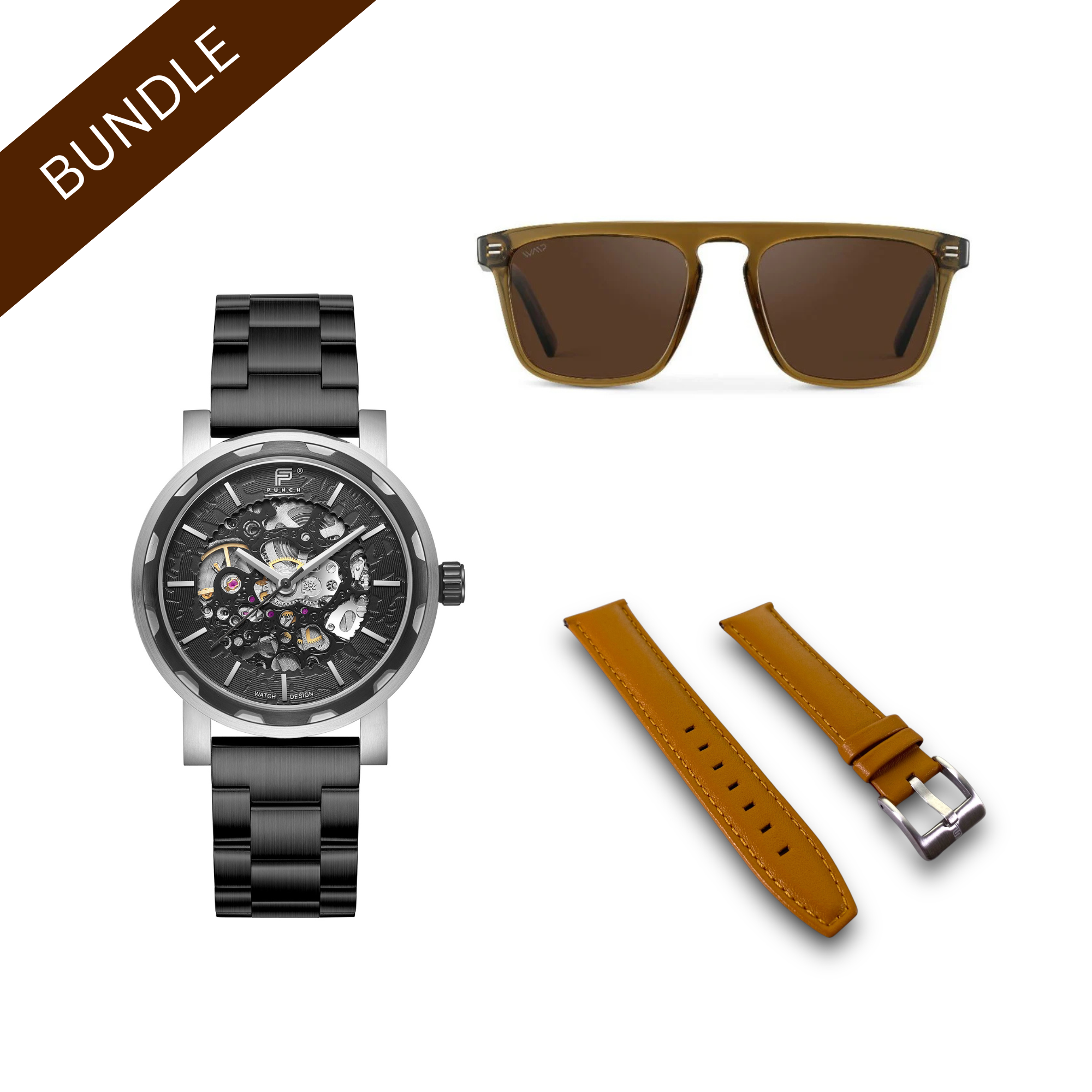 SEMPER, SAWYER l Watch, Leather Strap & Sunglasses Bundle - Punch Watch Design 