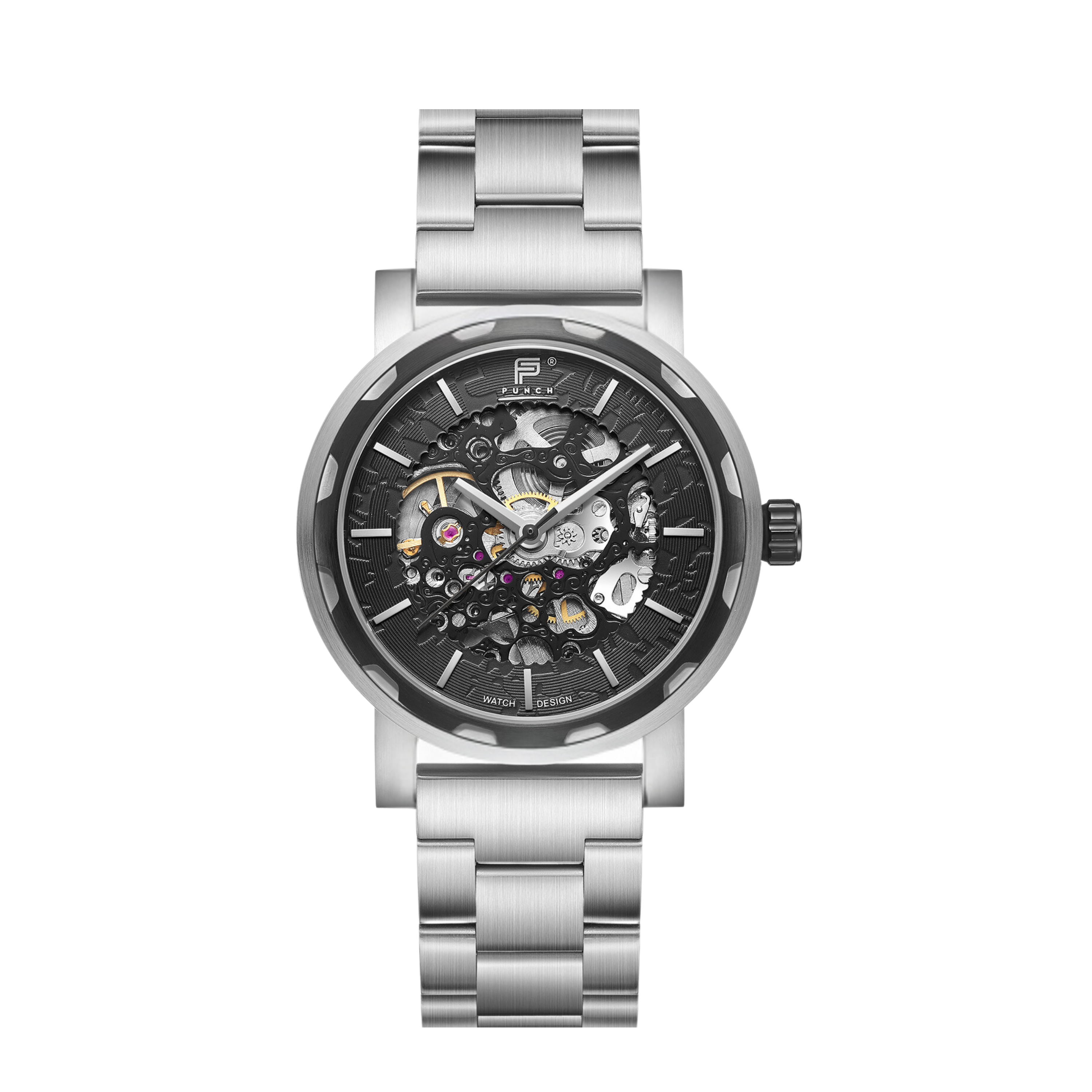 PUNCH Mens Watch, Black & Silver Skeleton Automatic Watch - Silver Metal Strap - Punch Watch Design 