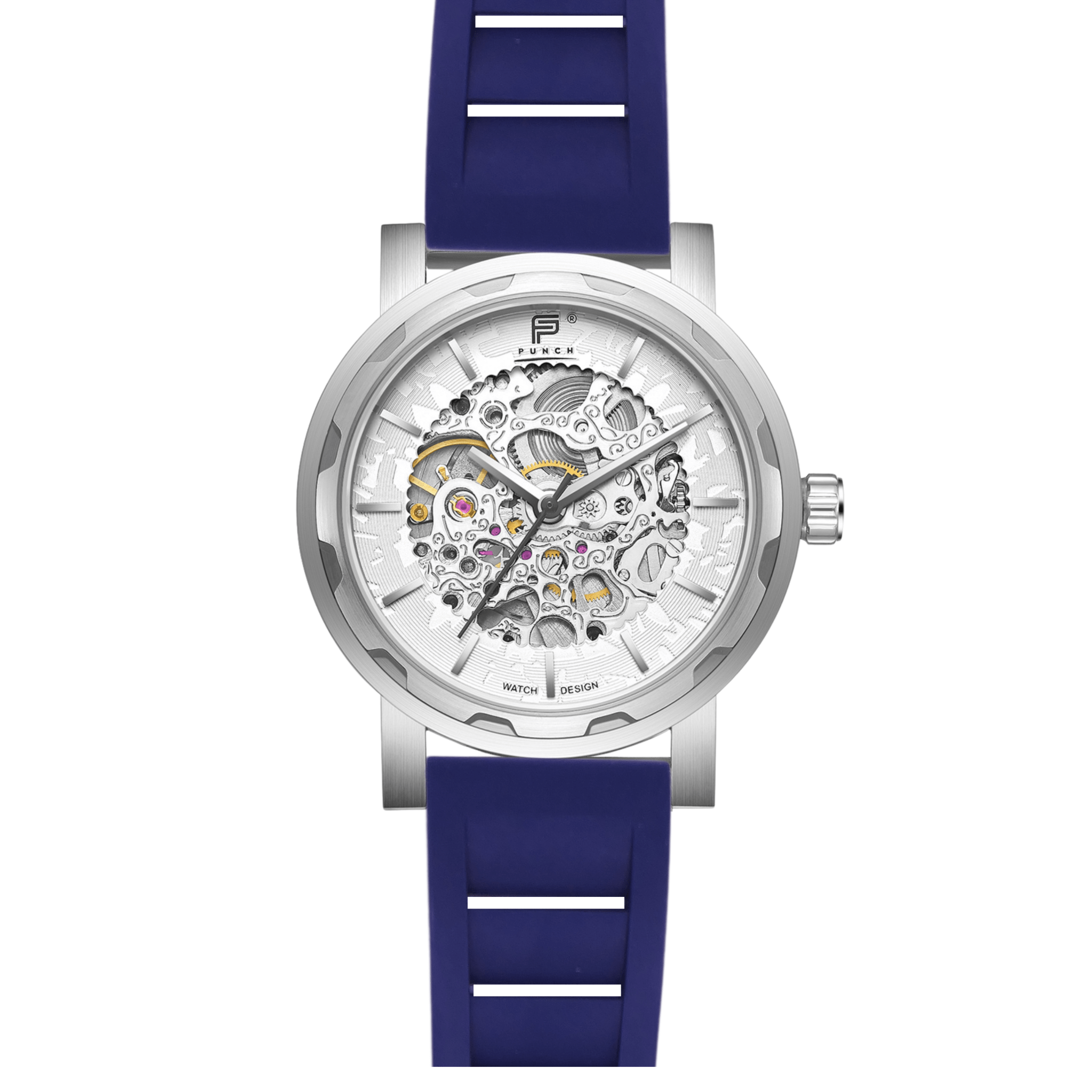 Mens Silver Automatic Watch - Navy Blue FKM Rubber Strap l PUNCH - PUNCH Watch & Eyewear - Punch Watch Design