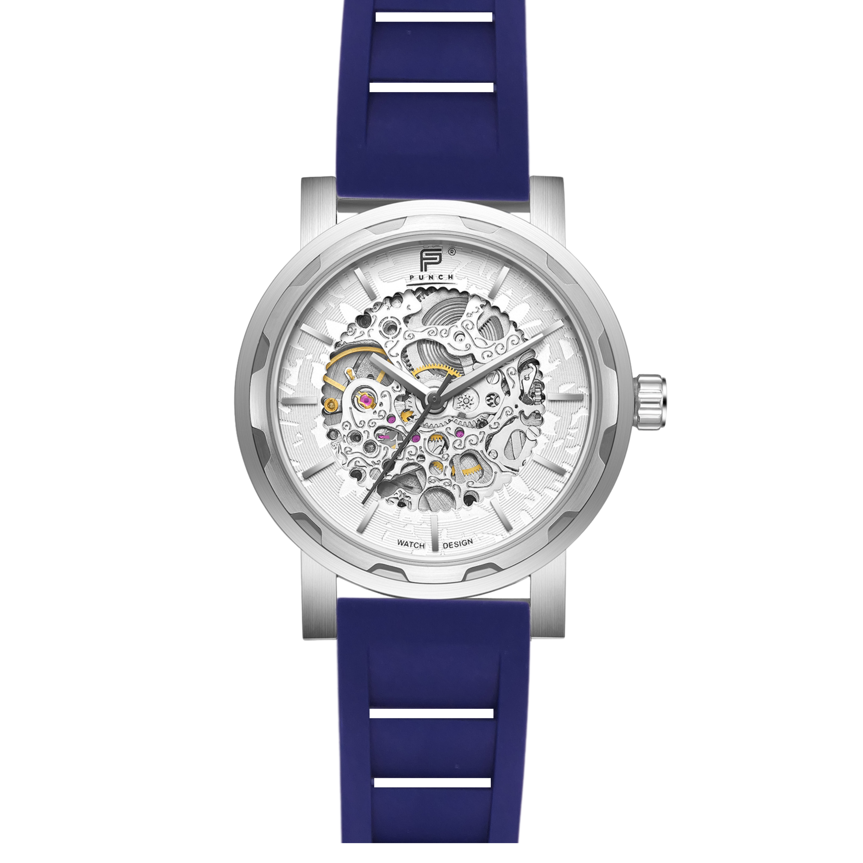 PUNCH Mens Watch, Silver & White Skeleton Automatic Watch - Navy Rubber Strap - Punch Watch Design 