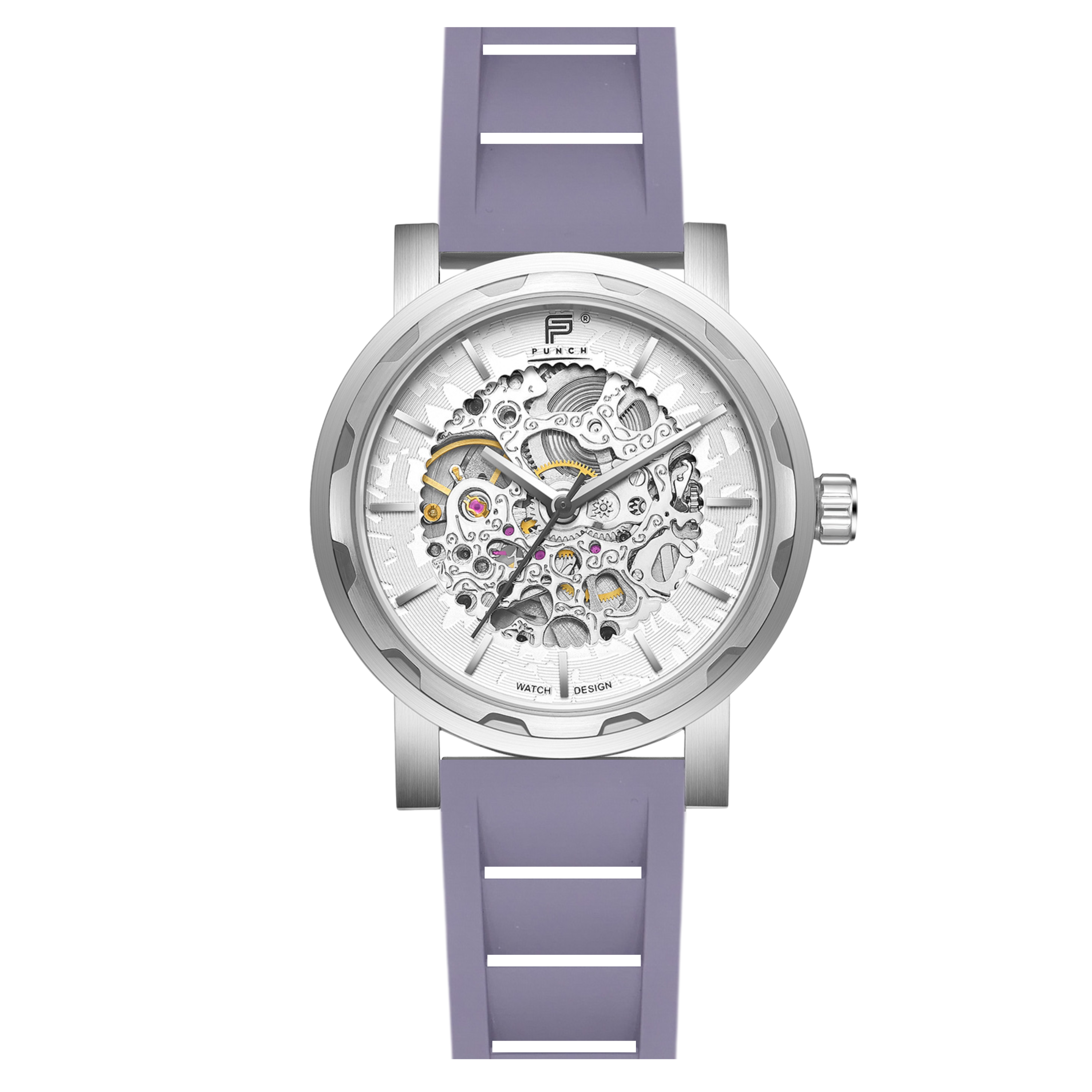 PUNCH Mens Watch, Silver & White Skeleton Automatic Watch - Grey Rubber Strap - Punch Watch Design 