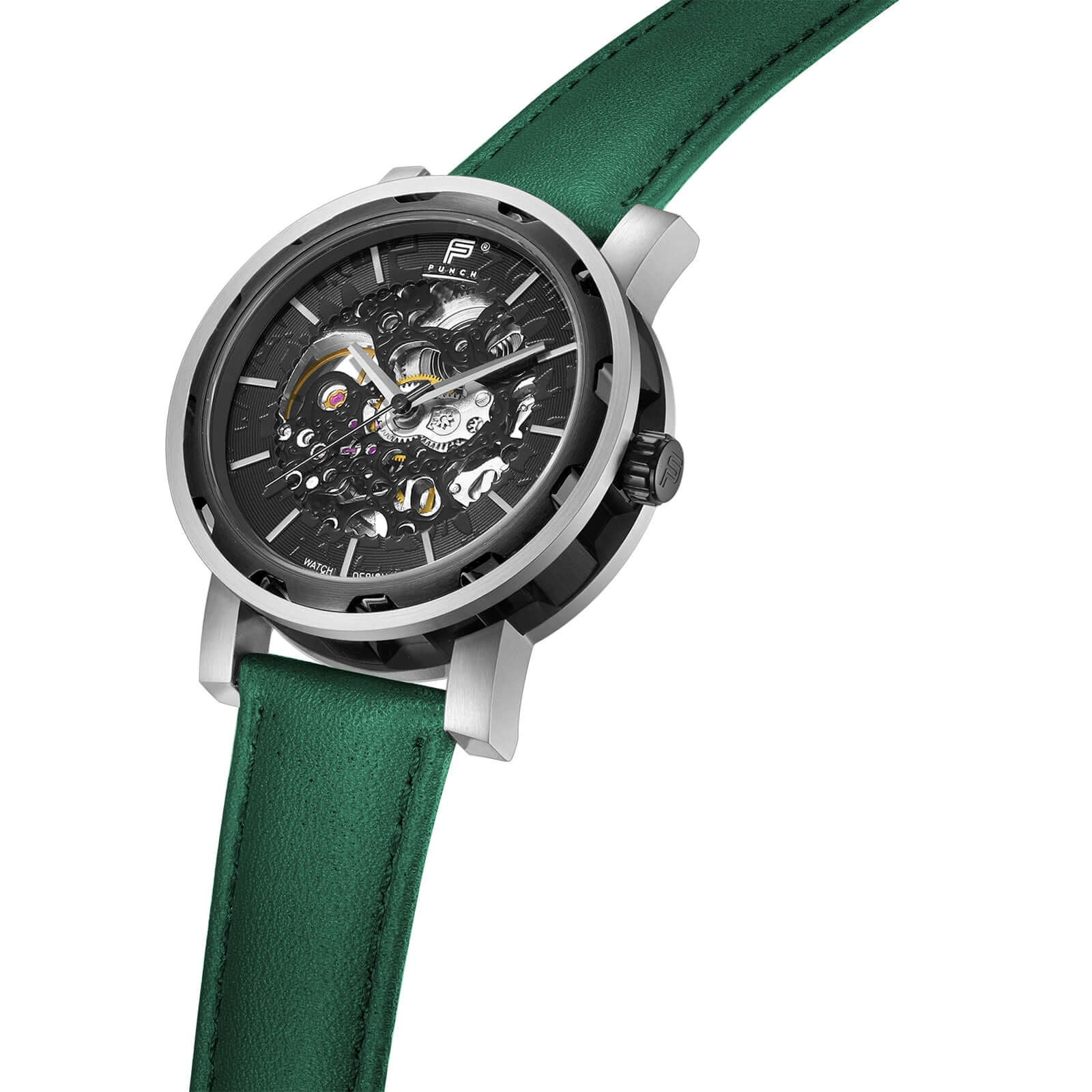 Mens Black Automatic Watch - Green Leather Strap l PUNCH - PUNCH Watch & Eyewear - Punch Watch Design