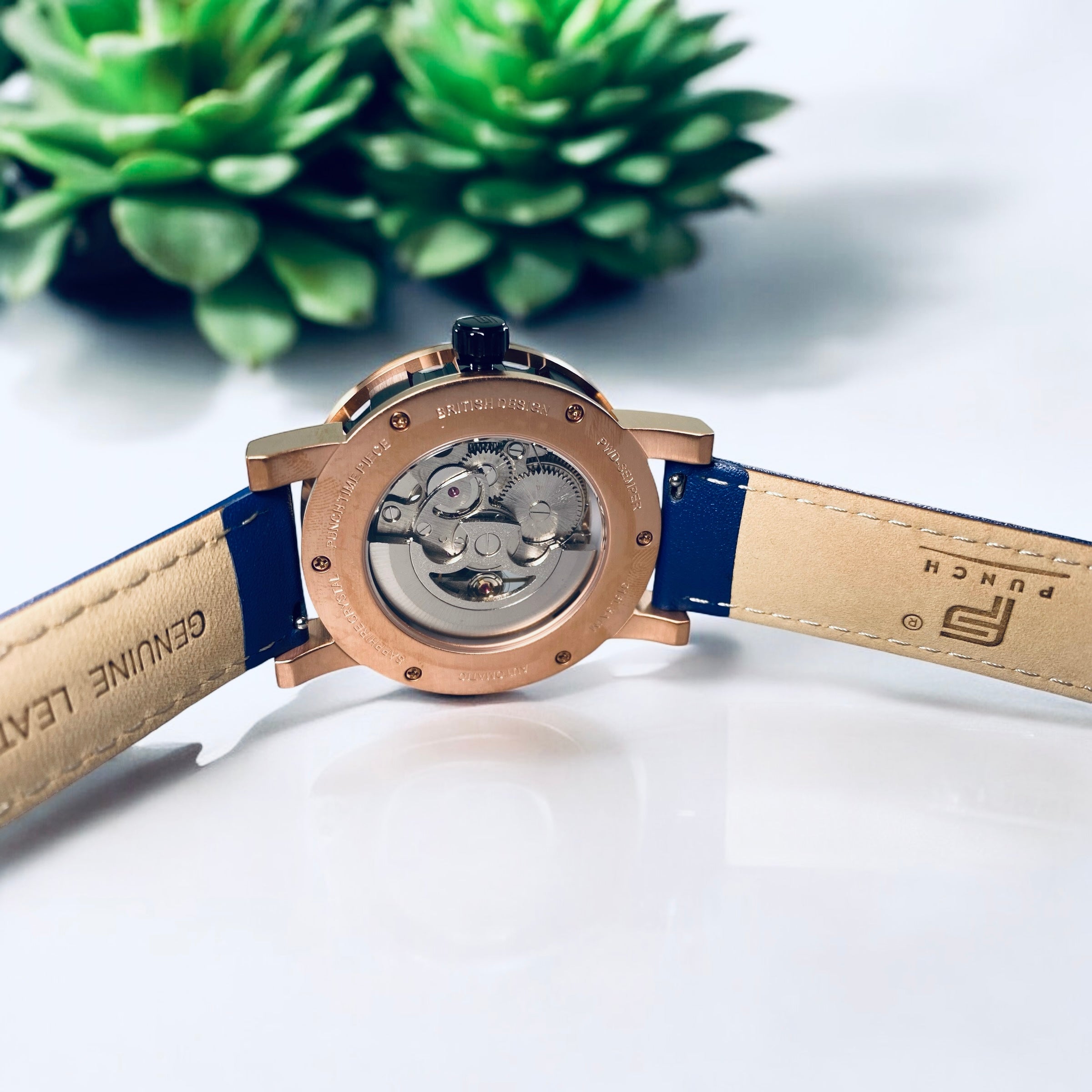 PUNCH Men s Rose Gold Black Automatic Skeleton Watch Blue Leather Strap Punch Watch Design