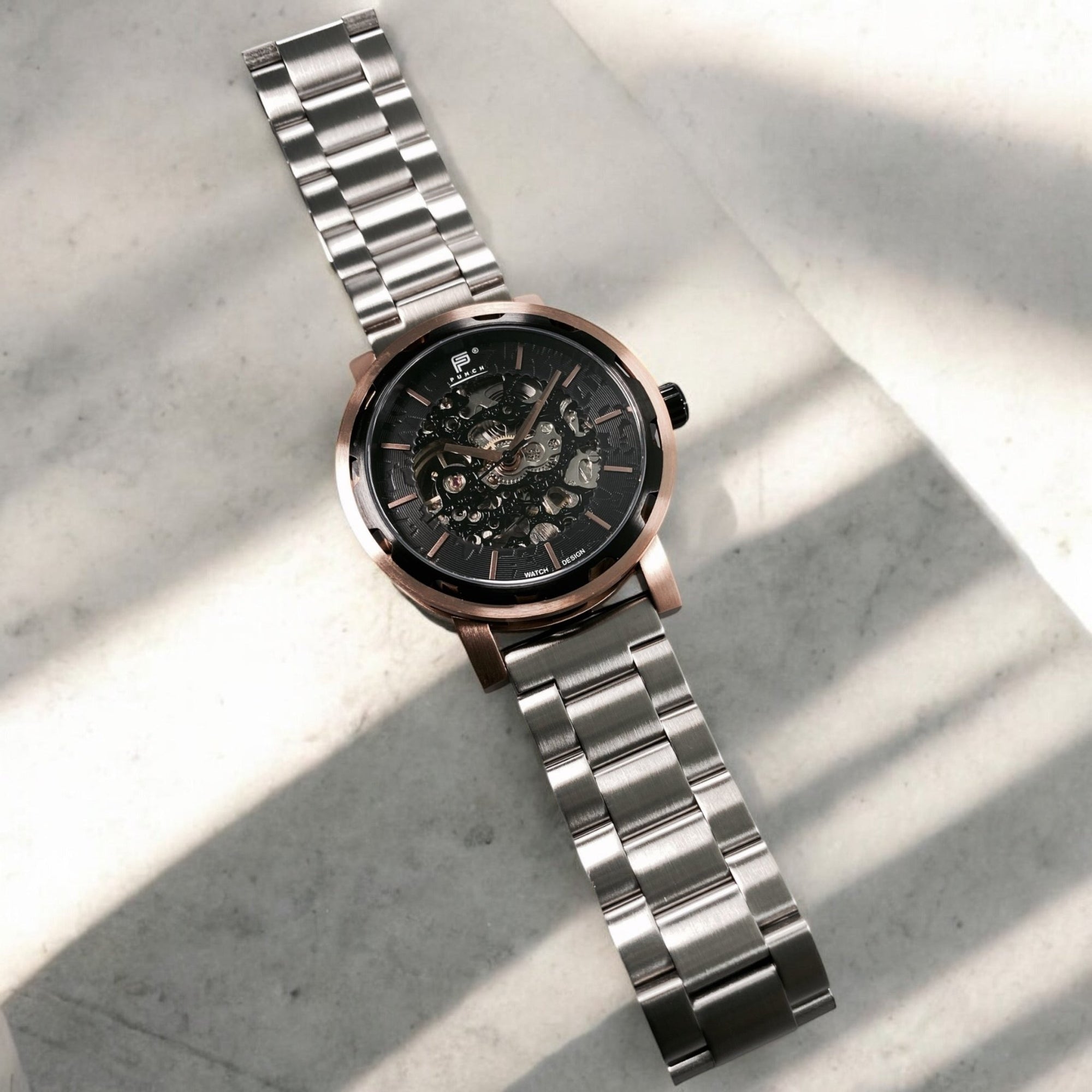 Mens Rose Gold Automatic Watch - Silver Stainless Steel Strap l PUNCH - PUNCH Watch & Eyewear - Punch Watch Design