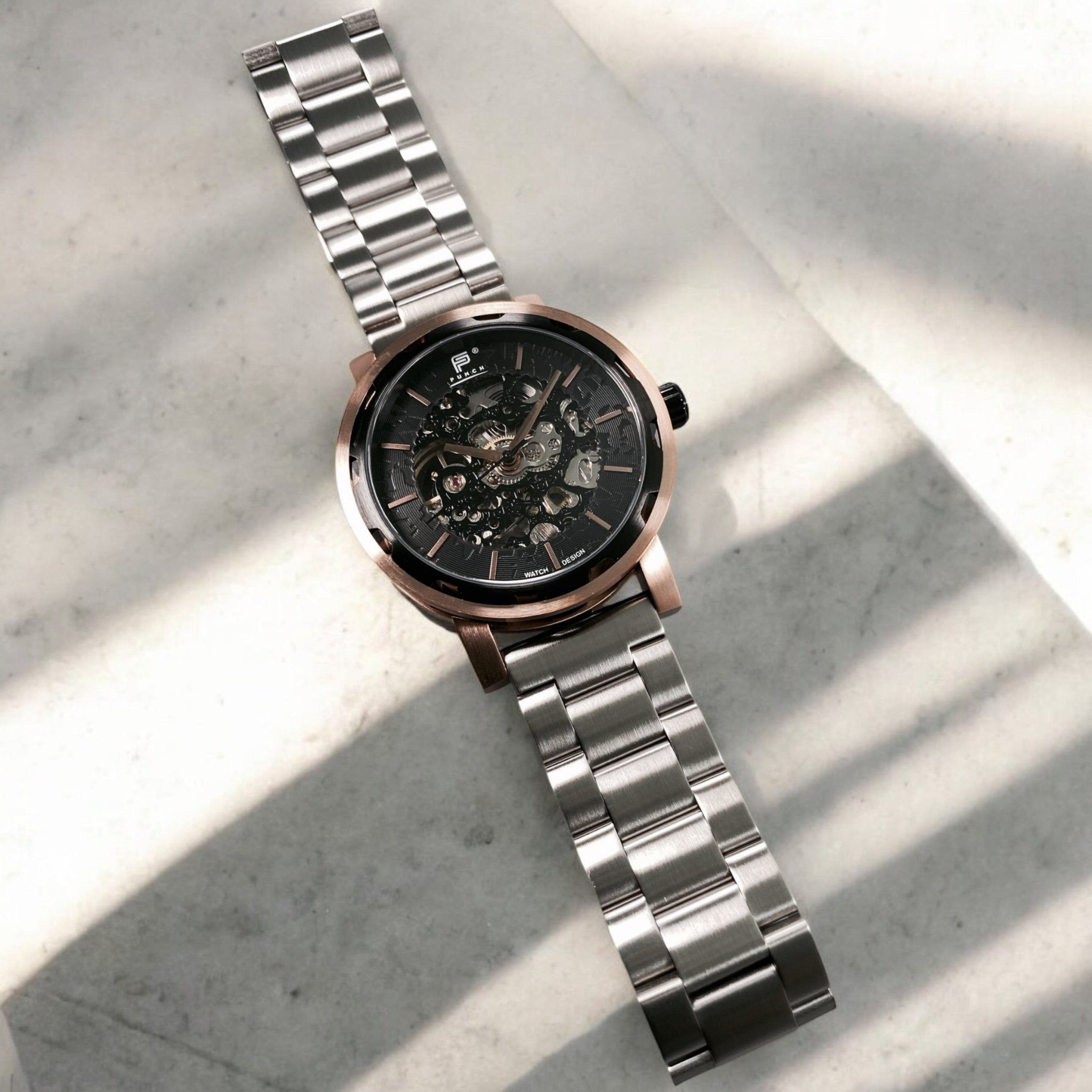 Mens Rose Gold Automatic Watch - Silver Stainless Steel Strap l PUNCH - PUNCH Watch & Eyewear - Punch Watch Design