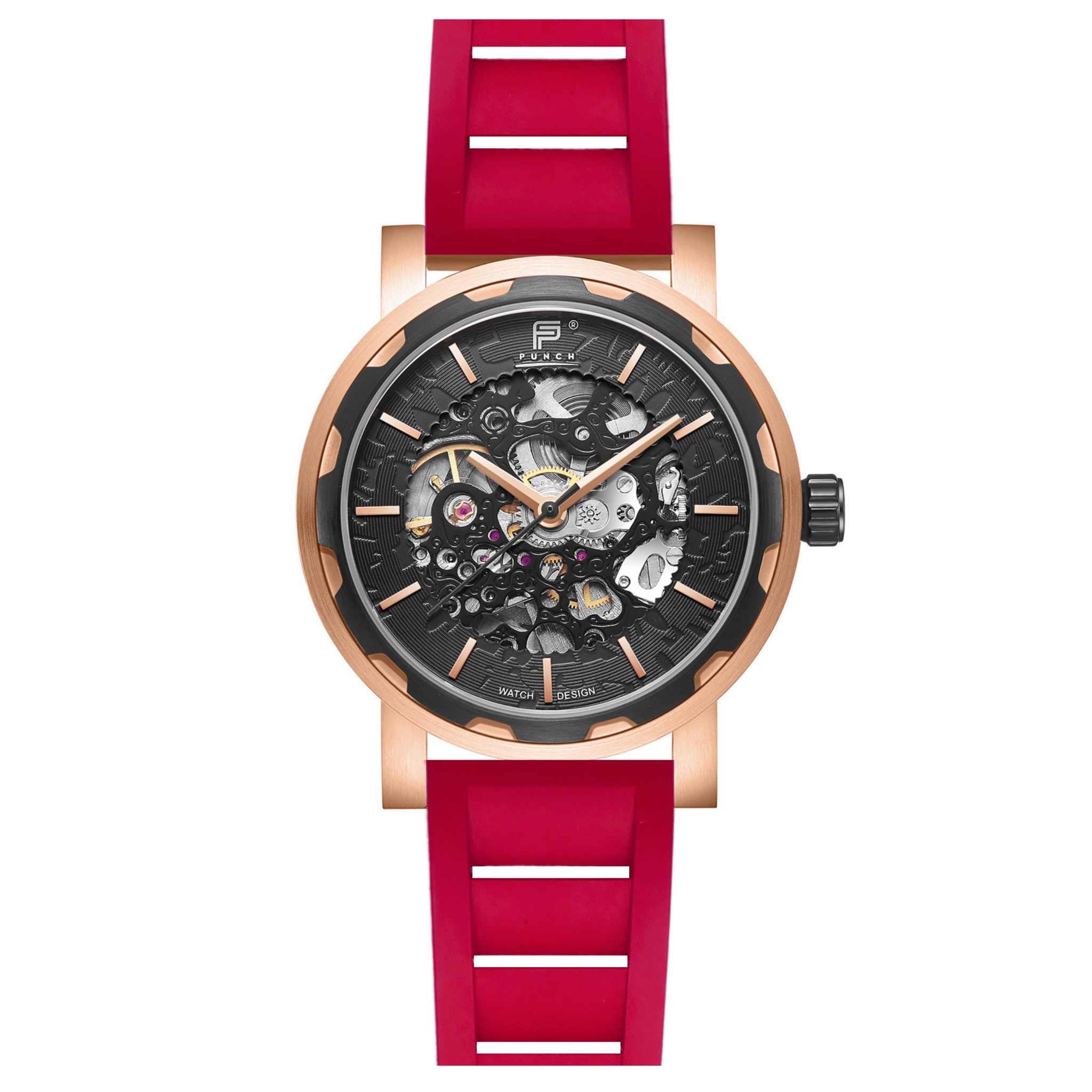 Mens Rose Gold Automatic Watch – Red FKM Rubber Strap l PUNCH - PUNCH Watch & Eyewear - Punch Watch Design