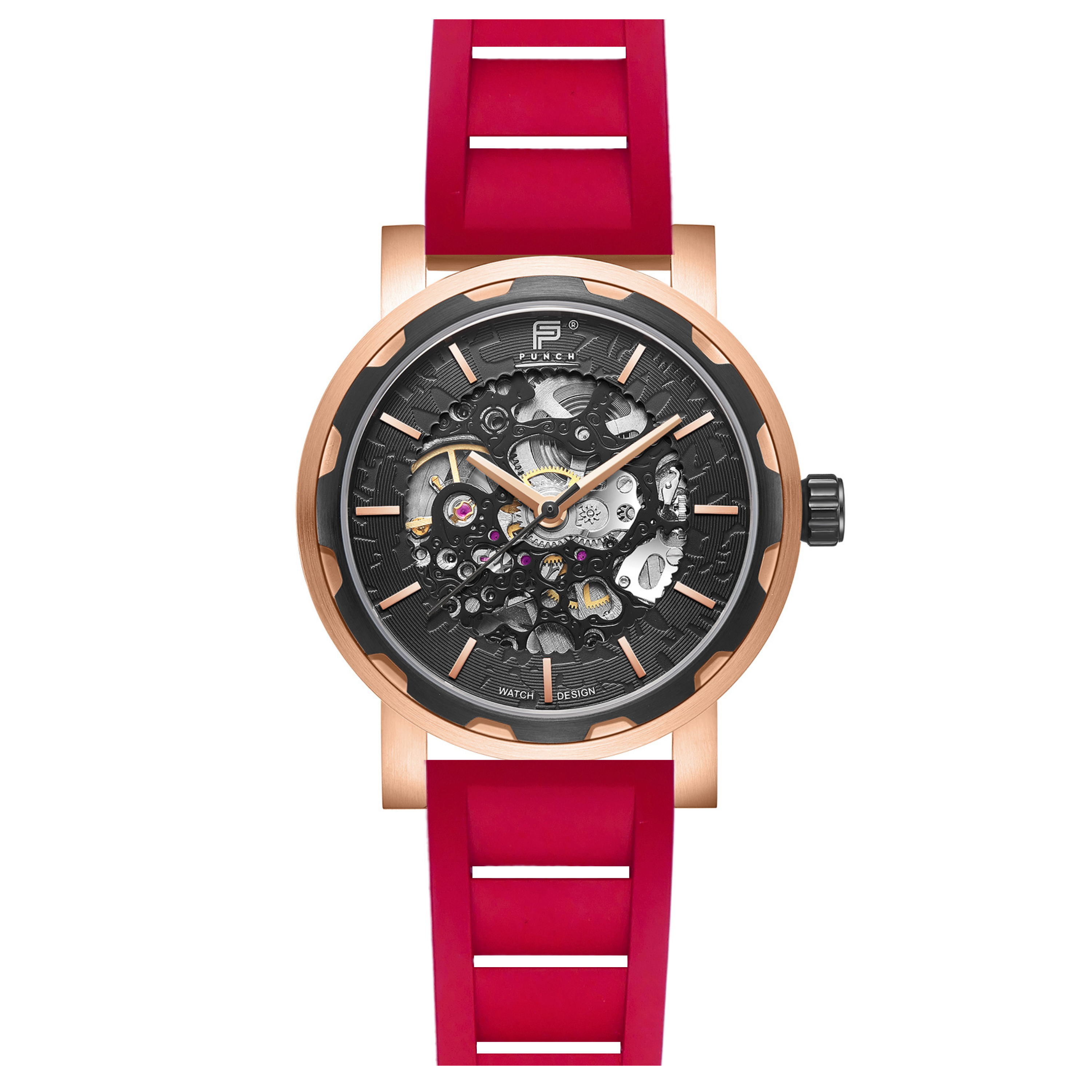PUNCH Mens Watch, Rose Gold & Black Skeleton Automatic Watch - Red Rubber Strap - Punch Watch Design 