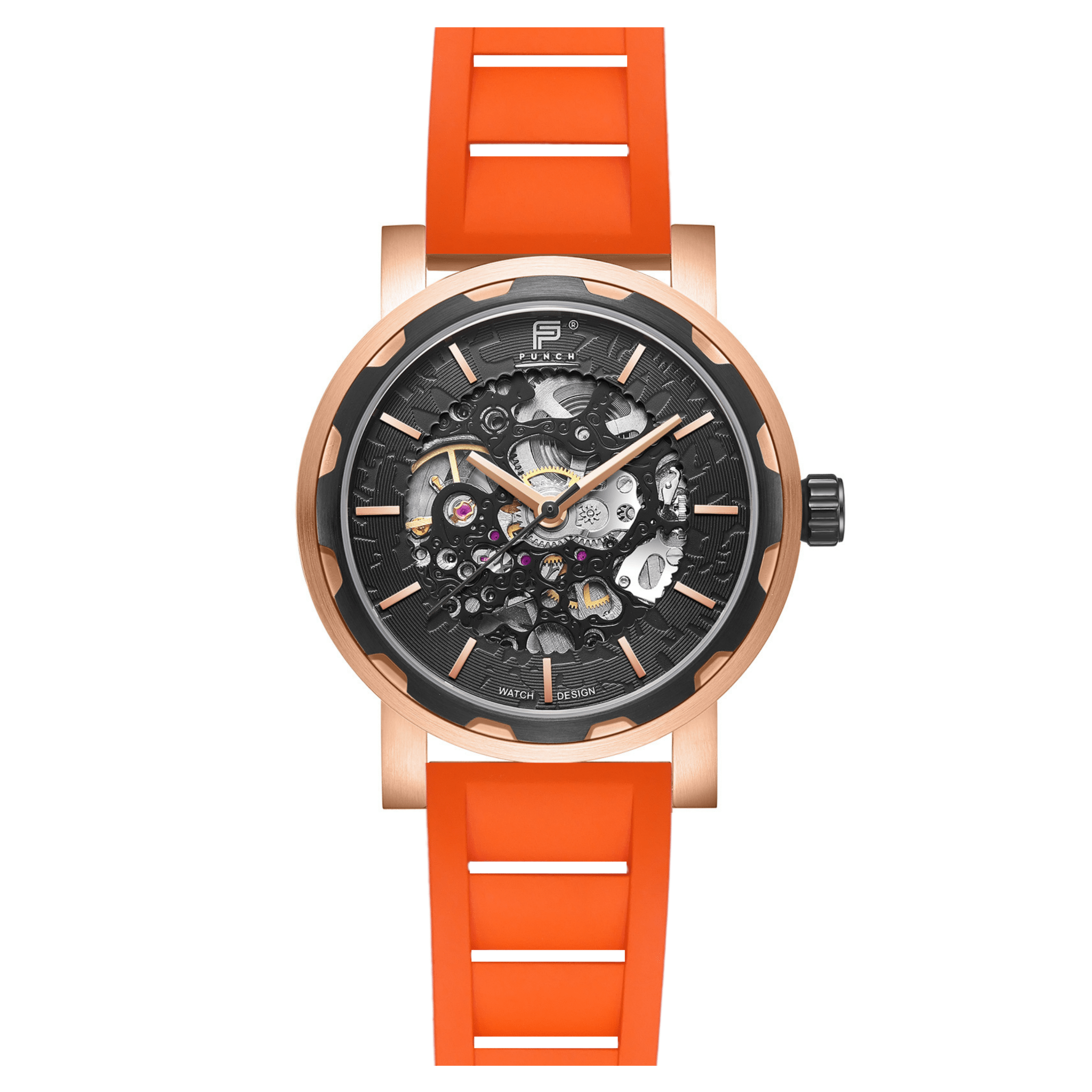PUNCH Mens Automatic Watch, Rose Gold Orange Rubber Watch Strap