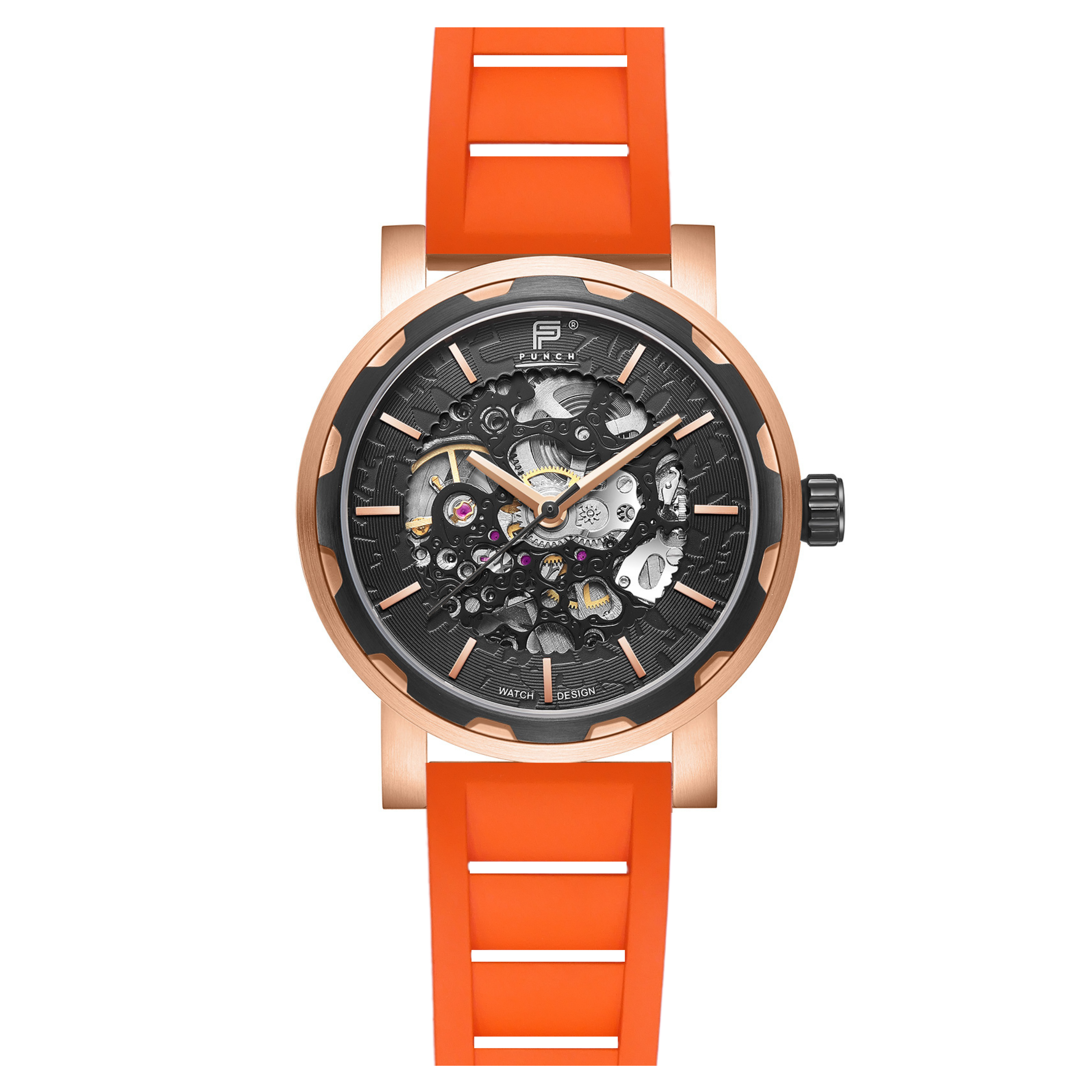 PUNCH Mens Watch, Rose Gold & Black Skeleton Automatic Watch - Orange Rubber Strap - Punch Watch Design 