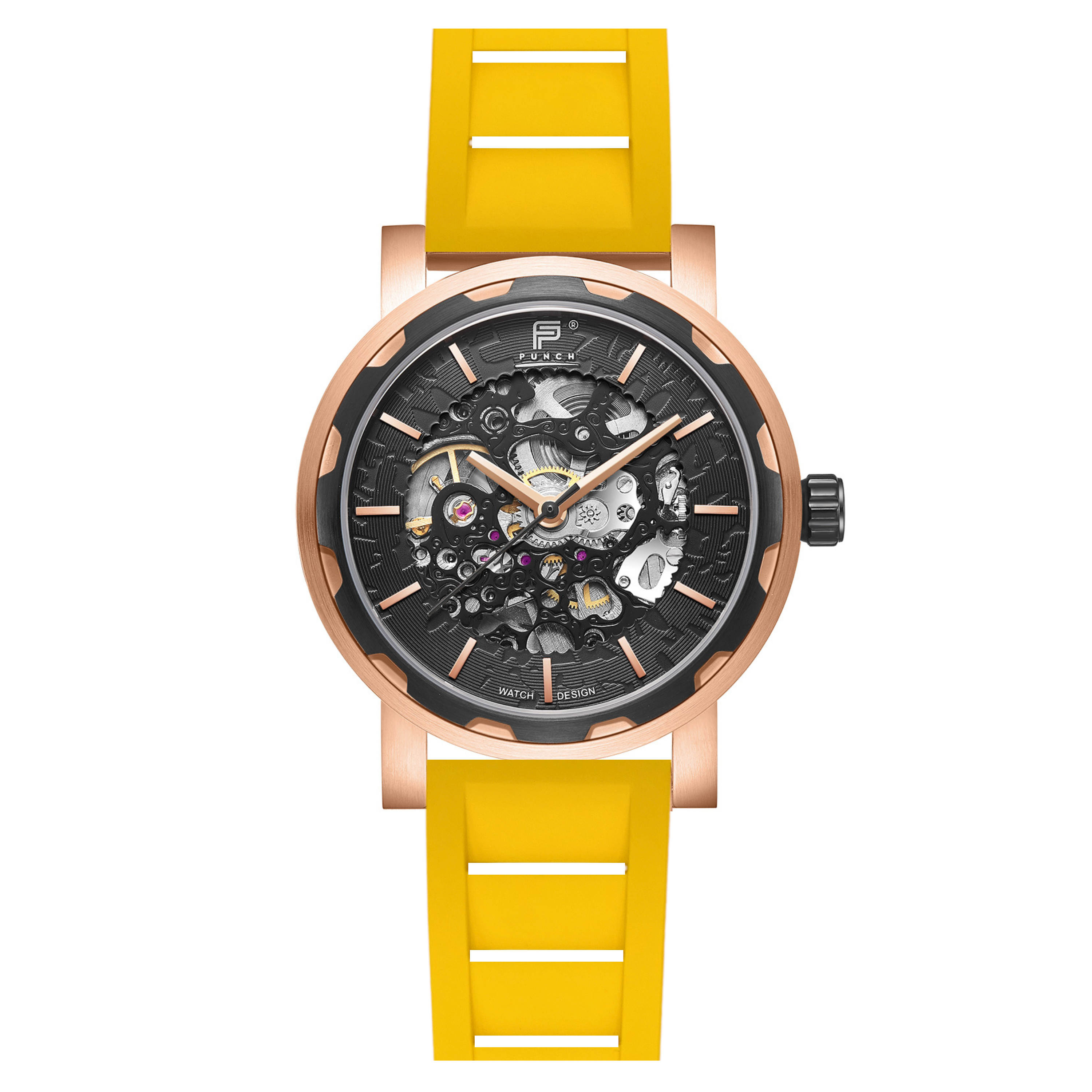 PUNCH Mens Watch, Rose Gold & Black Skeleton Automatic Watch - Yellow Rubber Strap - Punch Watch Design 