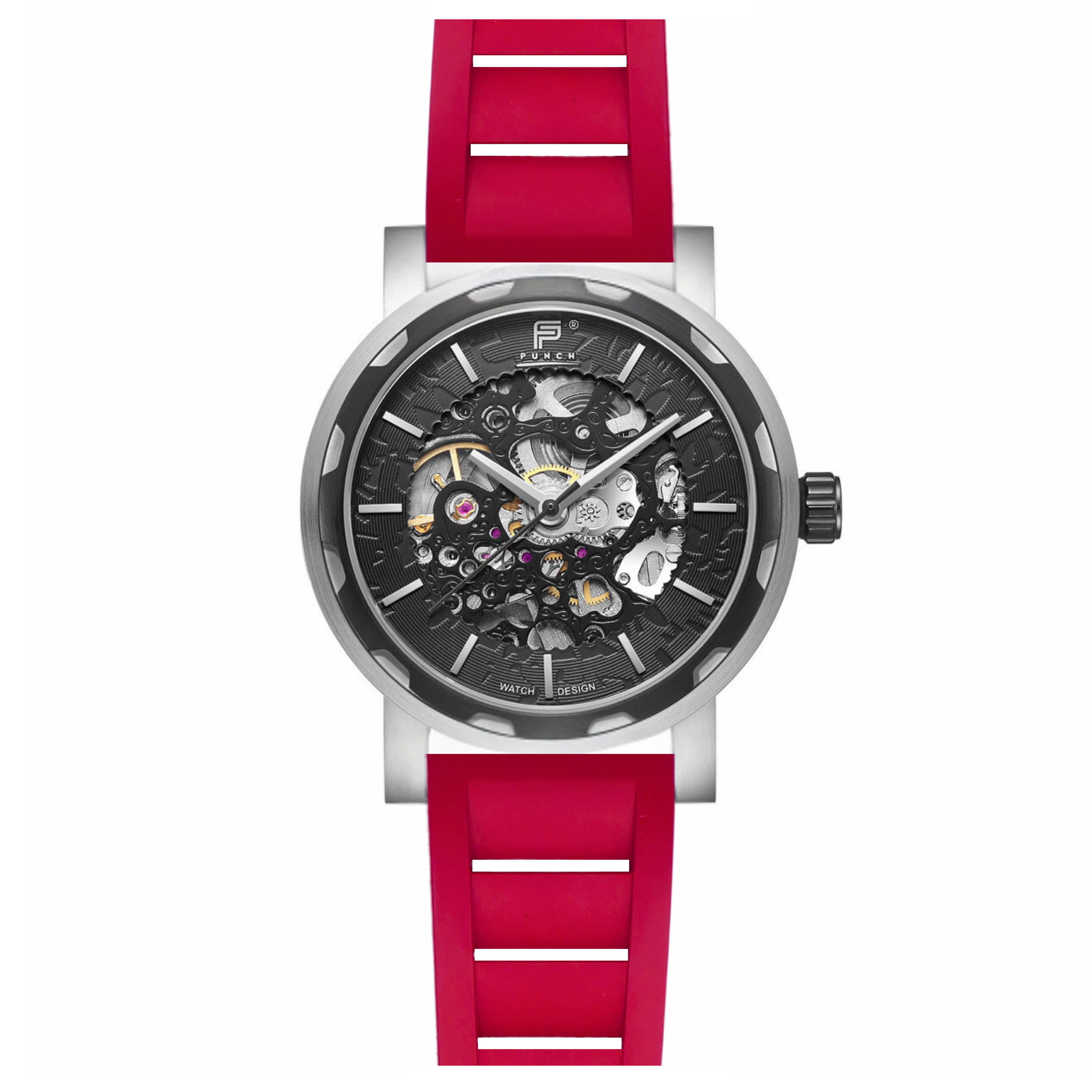 PUNCH Mens Watch, Black & Silver Skeleton Automatic Watch - Red Rubber Strap - Punch Watch Design 