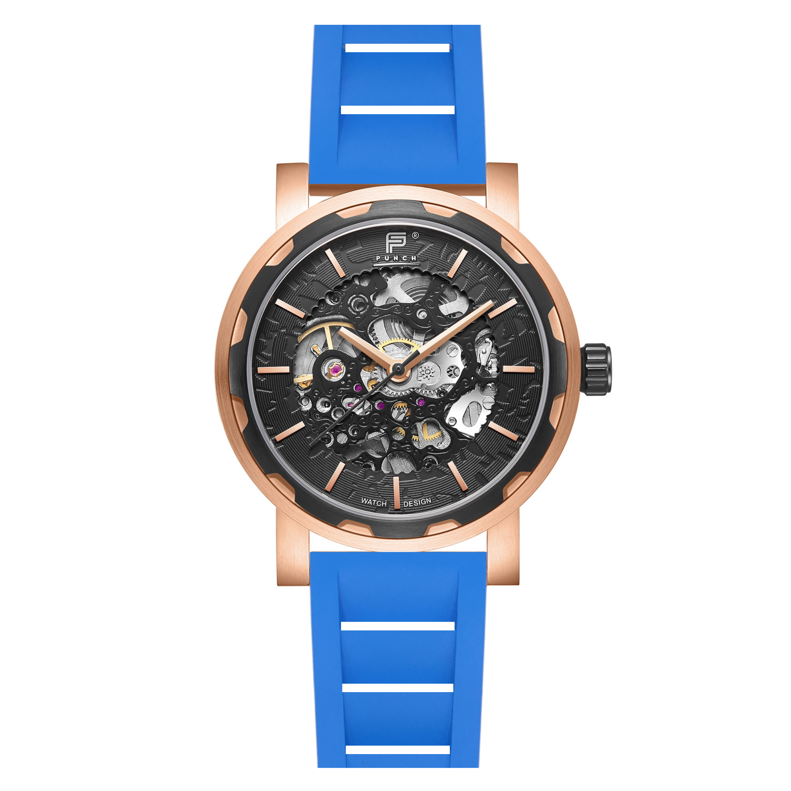 PUNCH Mens Watch, Rose Gold & Black Skeleton Automatic Watch - Blue Rubber Strap - Punch Watch Design 