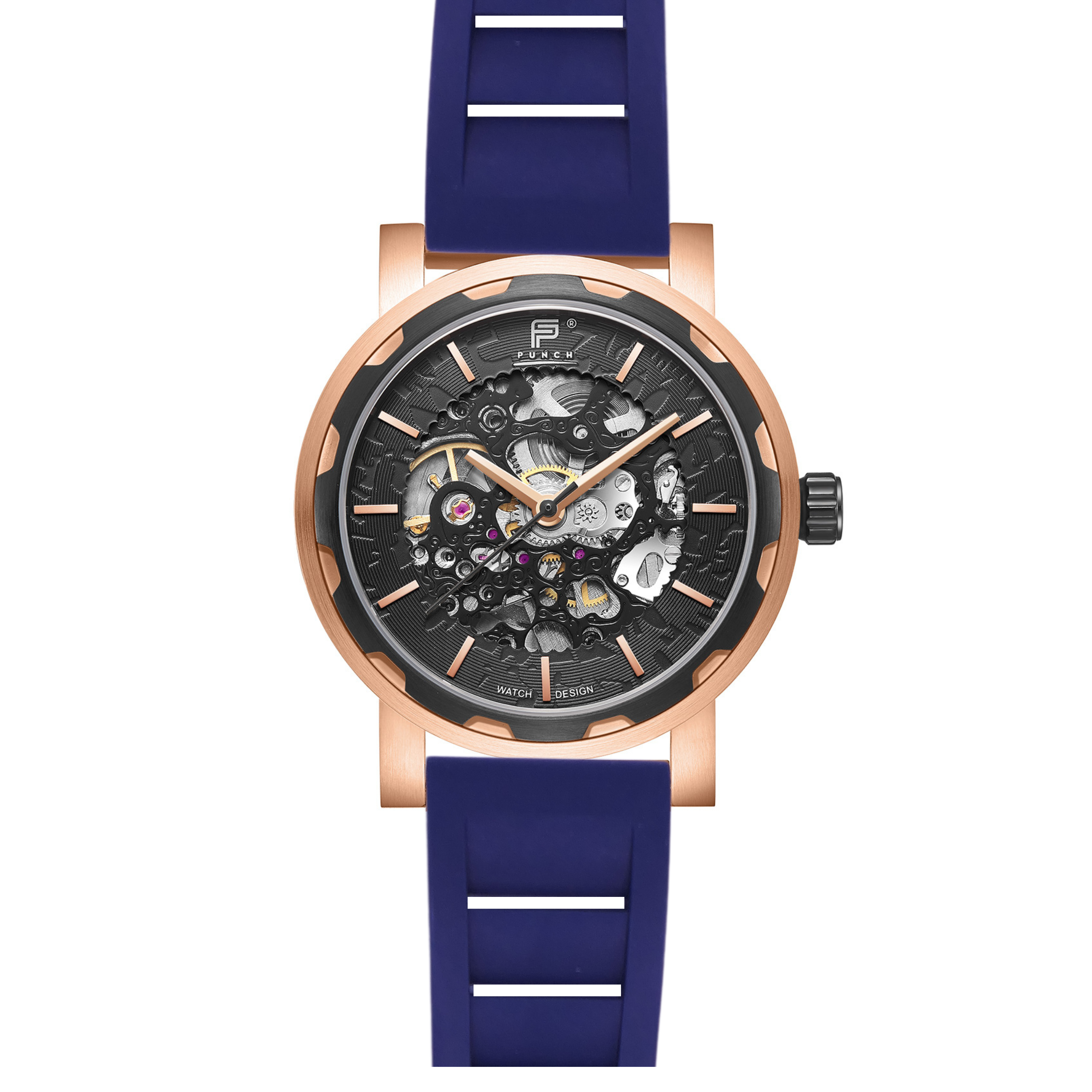 PUNCH Mens Watch, Rose Gold & Black Skeleton Automatic Watch - Navy Rubber Strap - Punch Watch Design 
