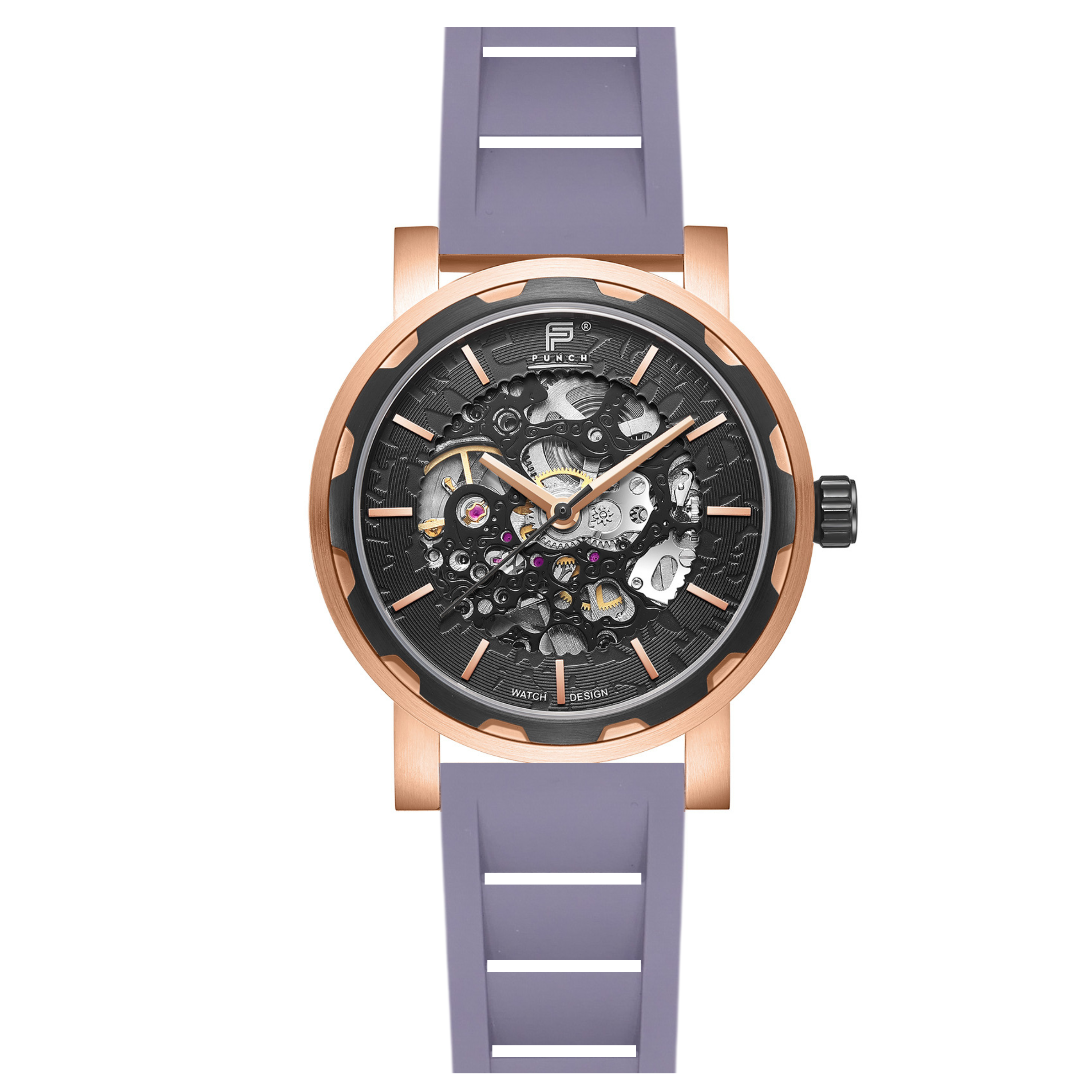 PUNCH Mens Watch, Rose Gold & Black Skeleton Automatic Watch - Grey Rubber Strap - Punch Watch Design 