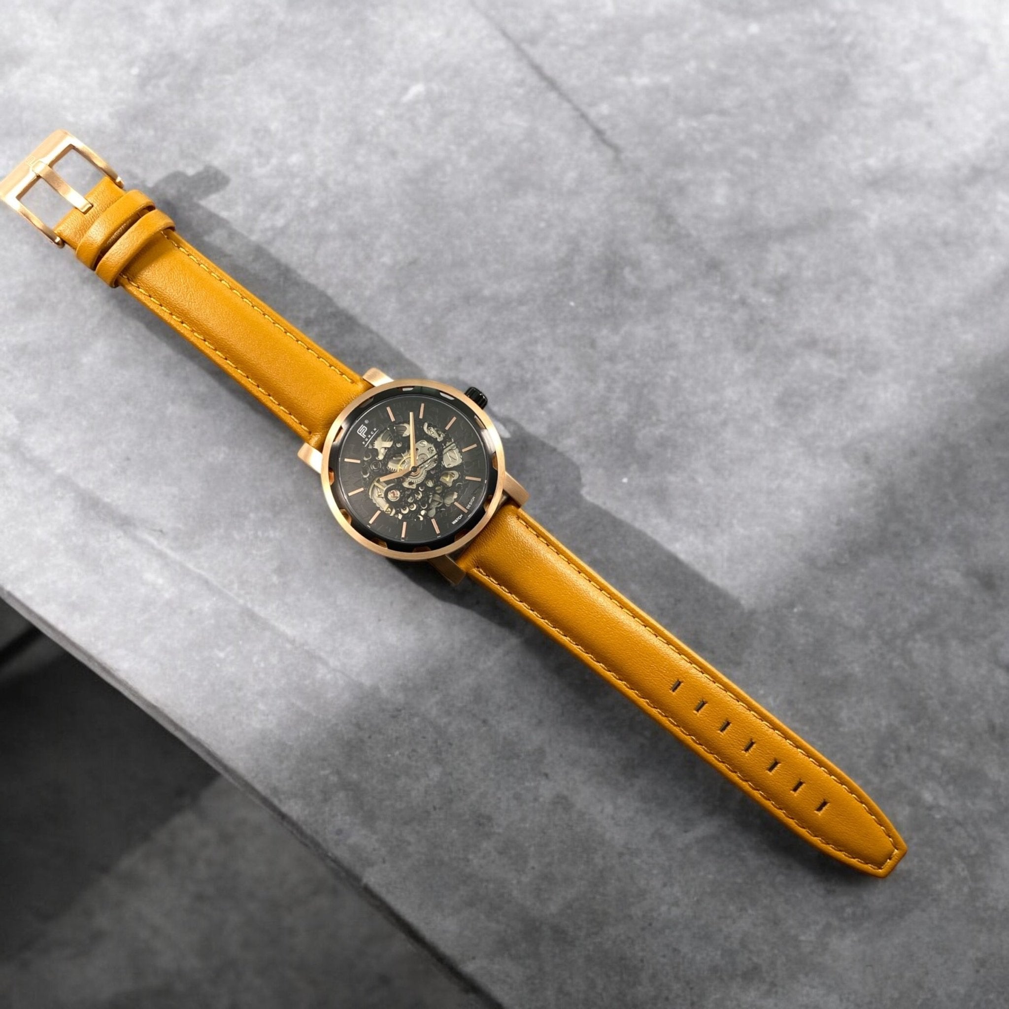 Skeleton Golden Colour Watch Design Fashion Skeleton Design Diamond Golden Dial Steel Mens Watch Top