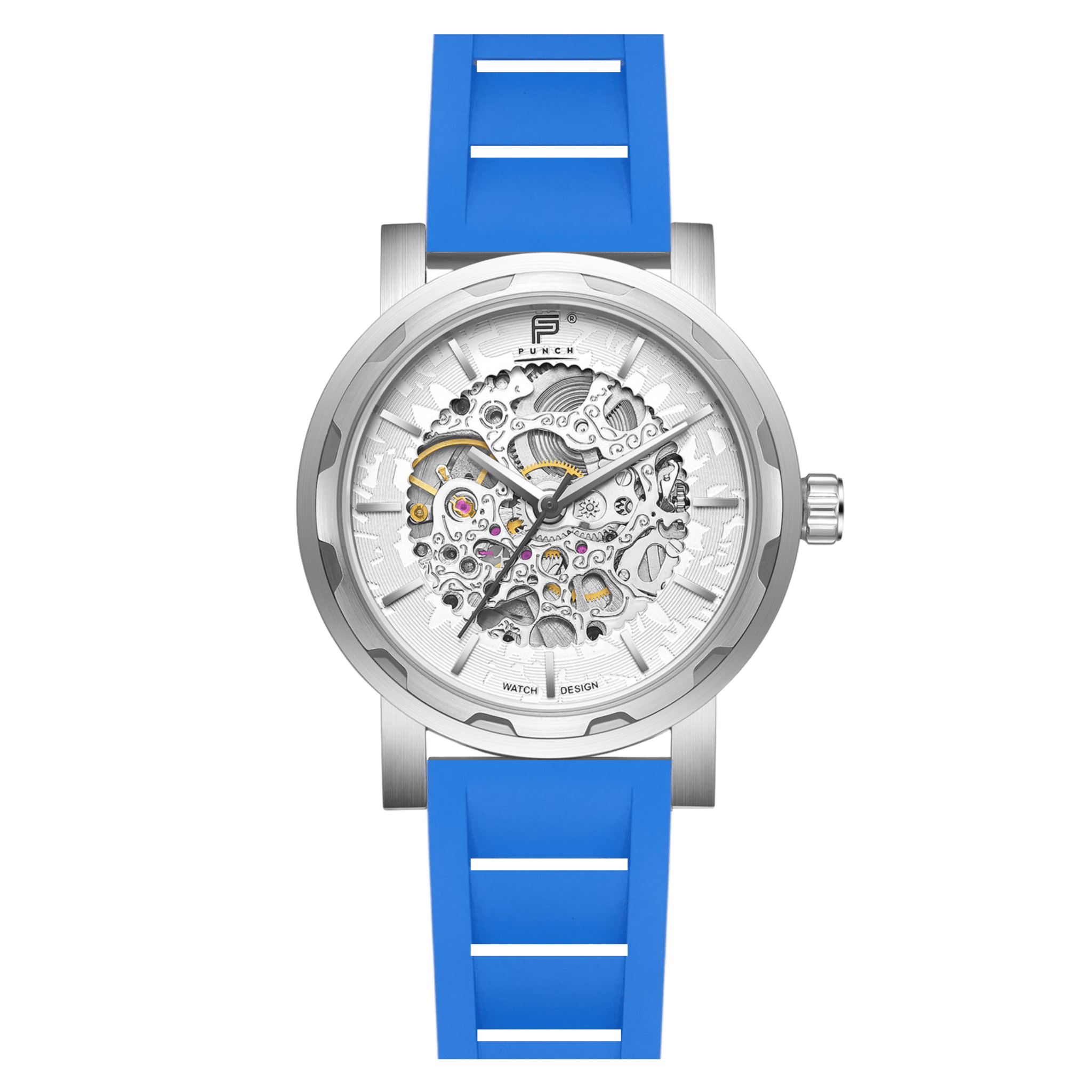 Mens Silver Automatic Watch - Blue FKM Rubber Strap l PUNCH - PUNCH Watch & Eyewear - Punch Watch Design