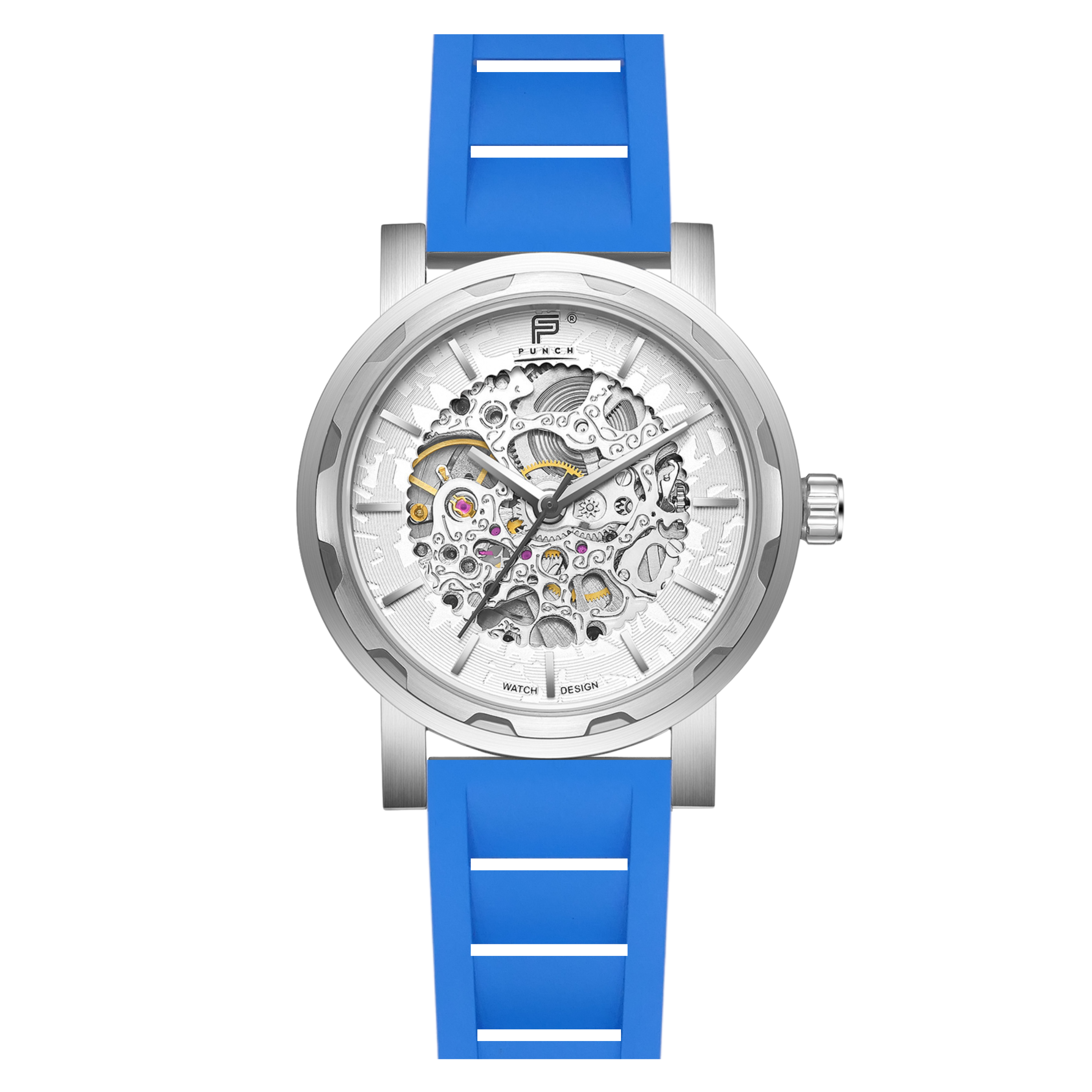 PUNCH Mens Watch, Silver & White Skeleton Automatic Watch - Blue Rubber Strap - Punch Watch Design 