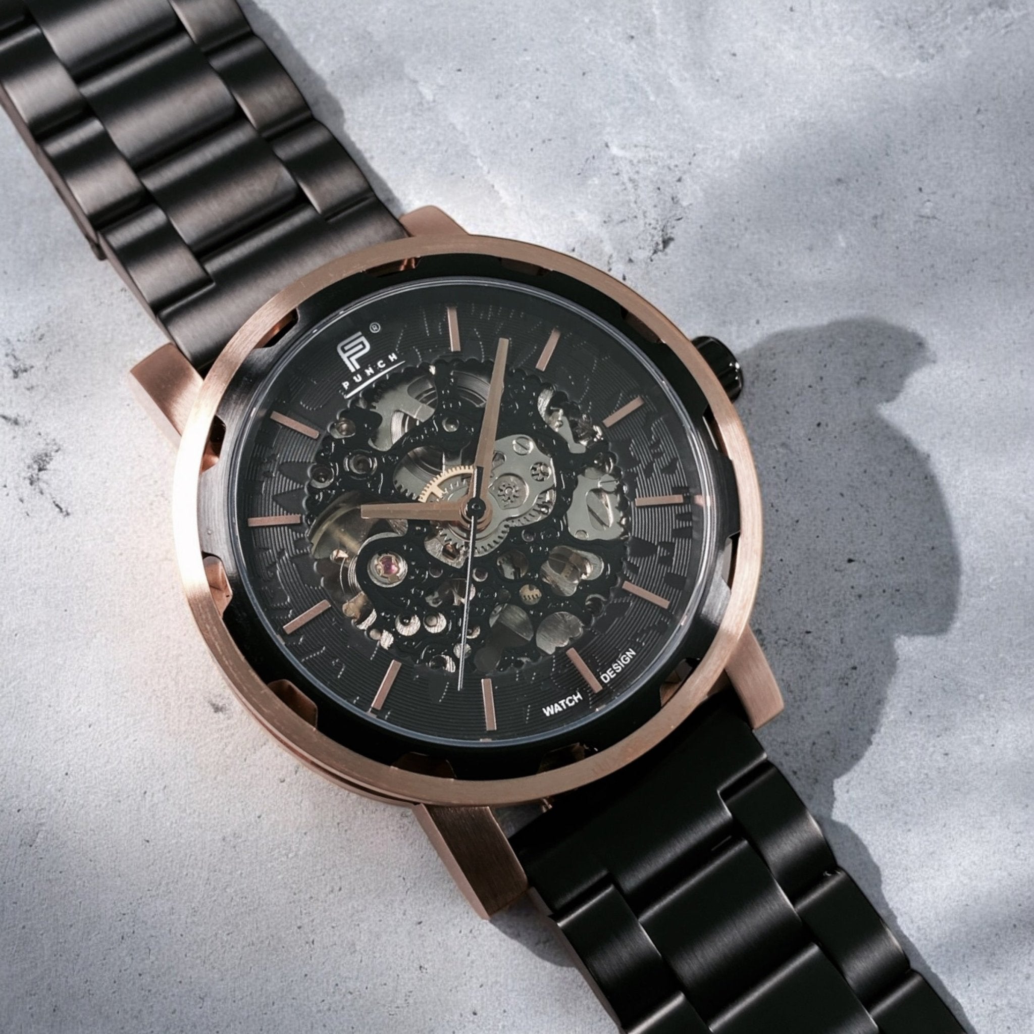 Mens Rose Gold Automatic Watch - Black Stainless Steel Strap l PUNCH - PUNCH Watch & Eyewear - Punch Watch Design