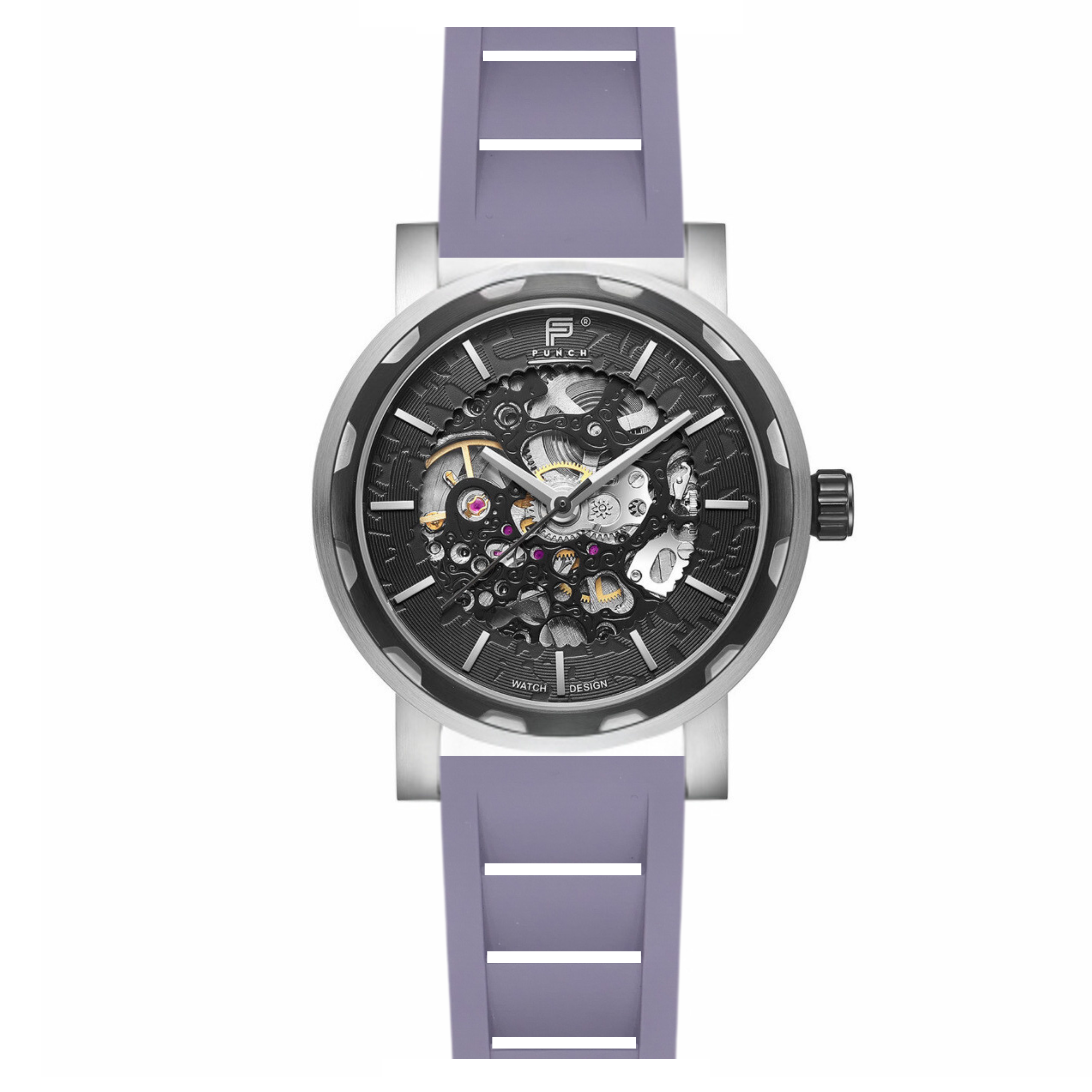 PUNCH Mens Watch, Black & Silver Skeleton Automatic Watch - Grey Rubber Strap - Punch Watch Design 