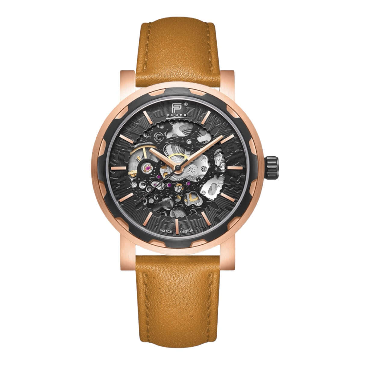 Skeleton Dial Rose Gold Mens Wristwatch with Black Face and Tan Leather Band - Close-Up
