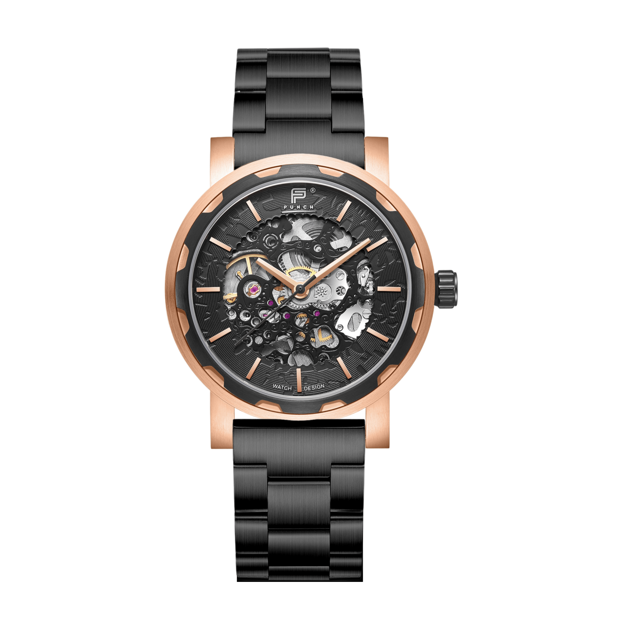 Mens Rose Gold Automatic Watch - Black Stainless Steel Strap l PUNCH - PUNCH Watch & Eyewear - Punch Watch Design