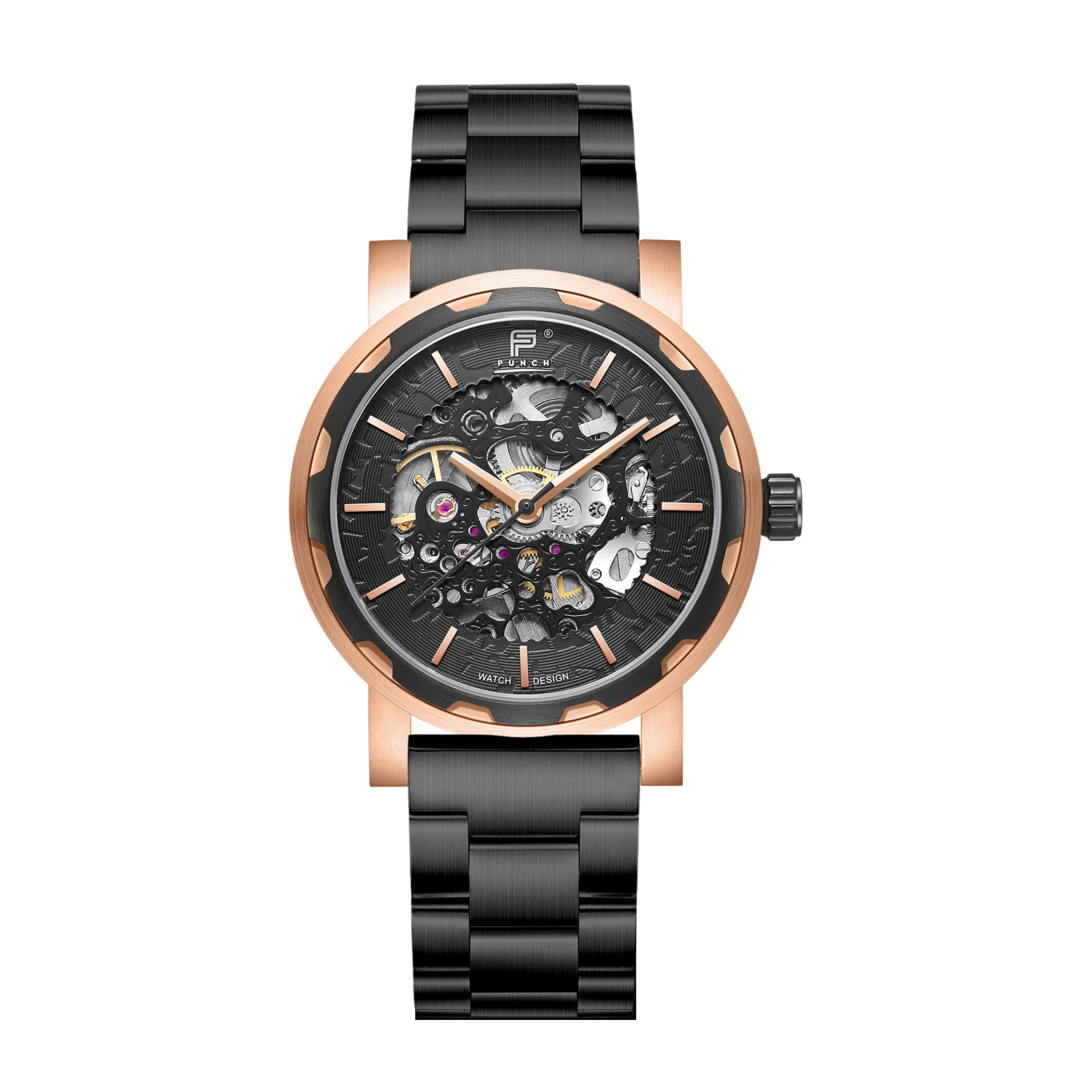 PUNCH Mens Watch, Rose Gold & Black Skeleton Automatic Watch - Black Metal Strap - Punch Watch Design 