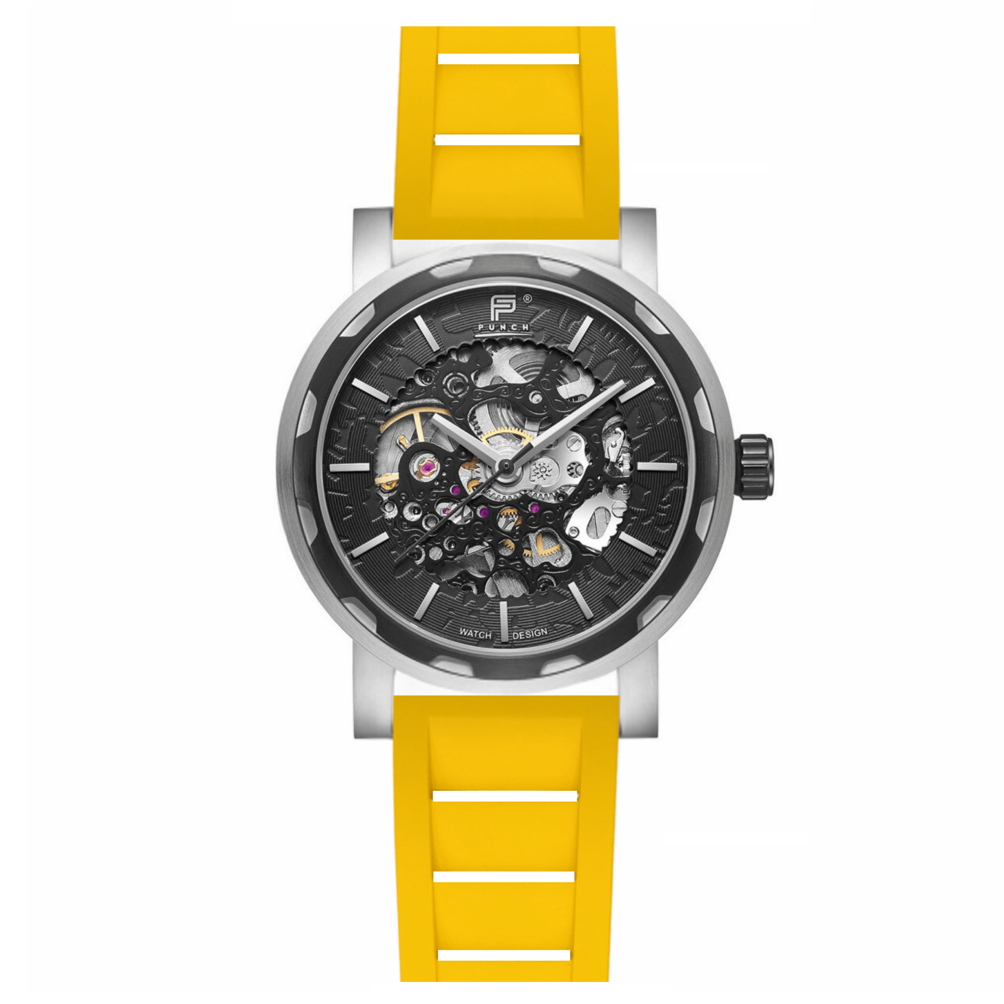 Mens Black Automatic Watch – Yellow FKM Rubber Strap l PUNCH - PUNCH Watch & Eyewear - Punch Watch Design