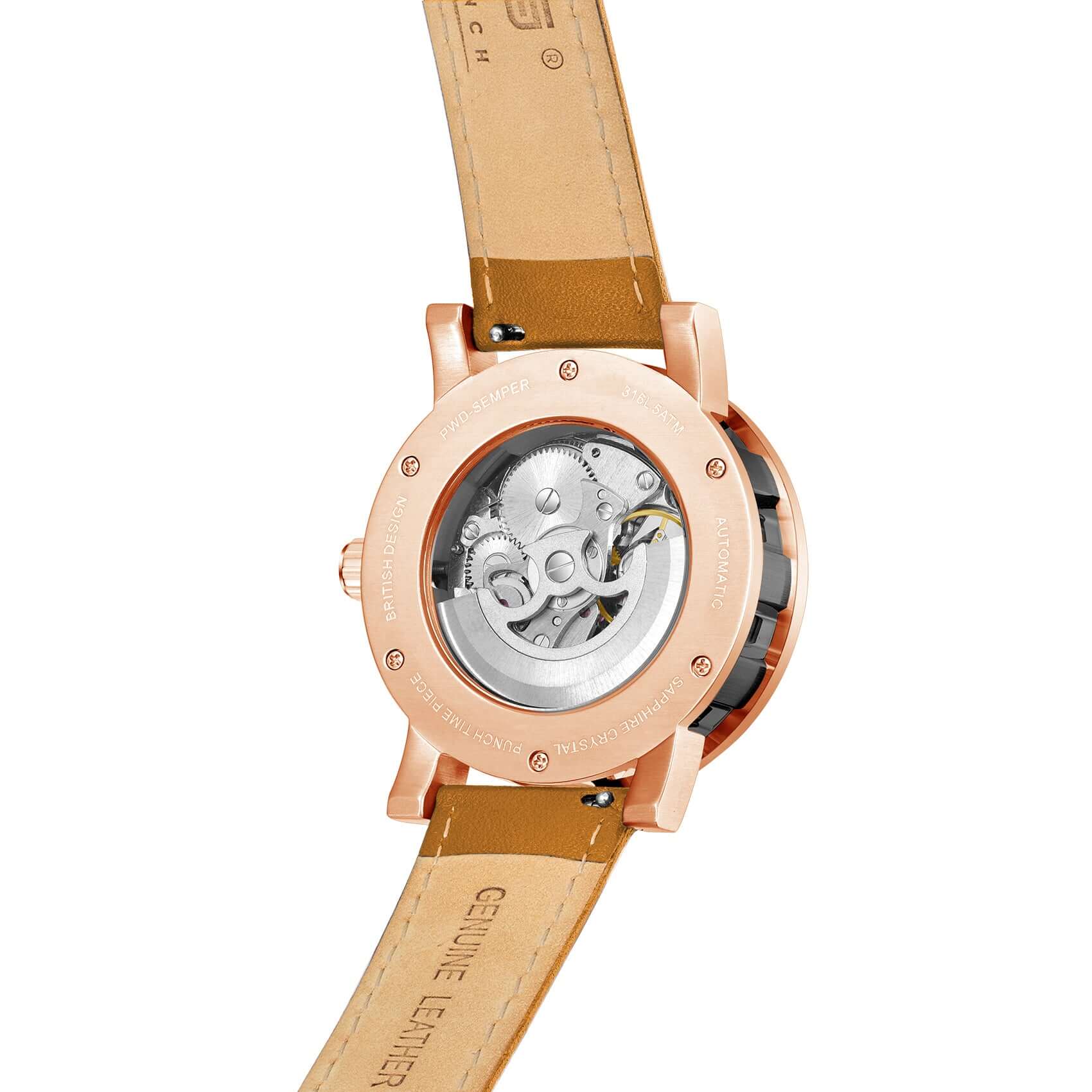 Mens Rose Gold Automatic Watch - Tan Leather Strap l PUNCH - PUNCH Watch & Eyewear - Punch Watch Design