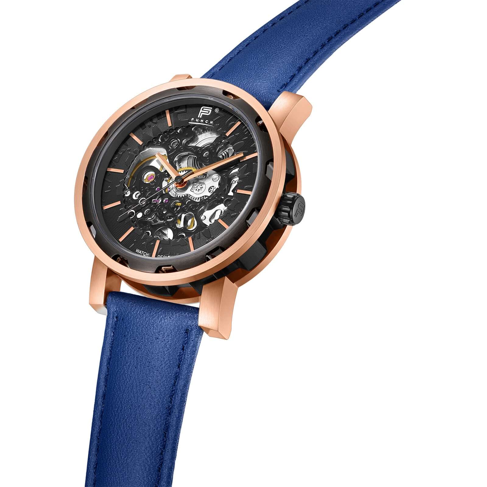 Mens Rose Gold Automatic Watch - Blue Leather Strap l PUNCH - PUNCH Watch & Eyewear - Punch Watch Design