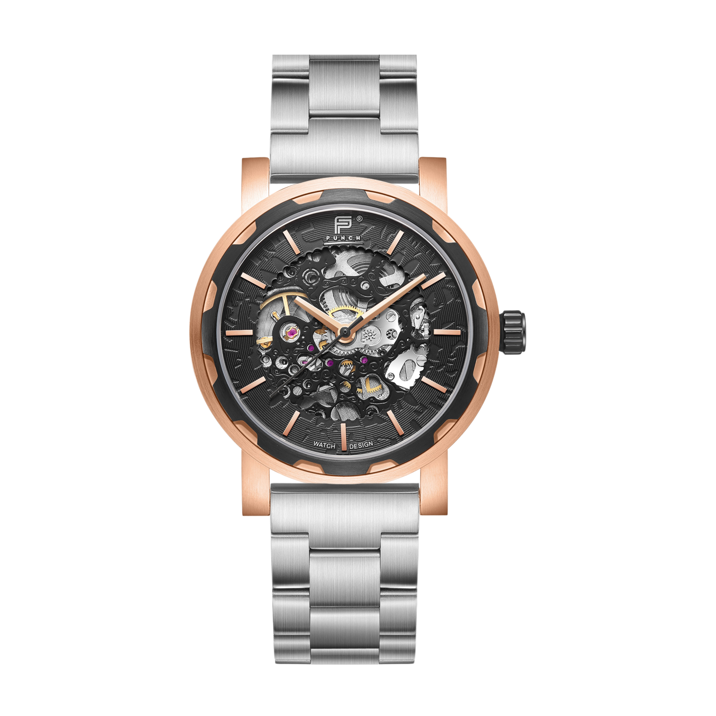 PUNCH Mens Watch, Rose Gold & Black Skeleton Automatic Watch - Silver Metal Strap - Punch Watch Design 