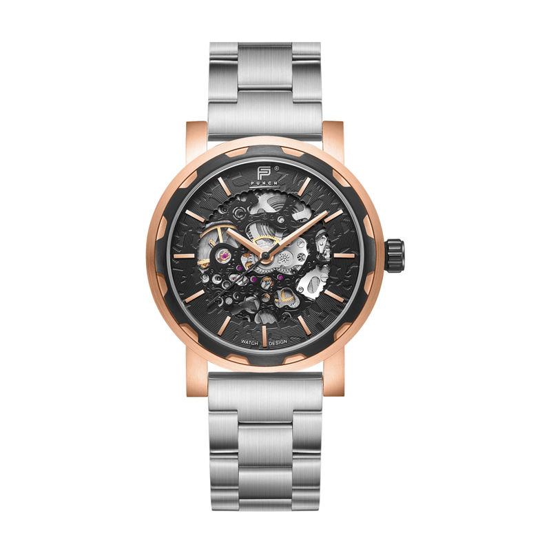 Mens Rose Gold Automatic Watch - Silver Stainless Steel Strap l PUNCH - PUNCH Watch & Eyewear - Punch Watch Design