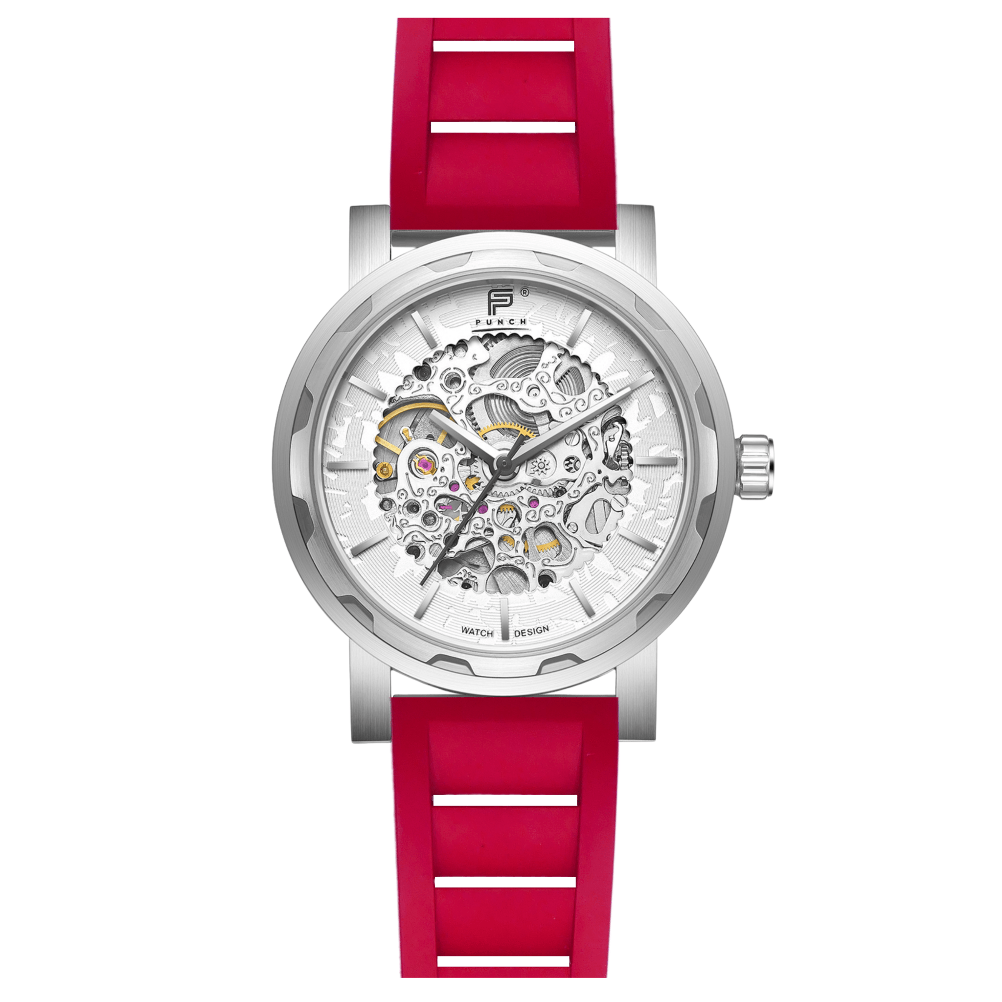 Mens Silver Automatic Watch - Red FKM Rubber Strap l PUNCH - PUNCH Watch & Eyewear - Punch Watch Design