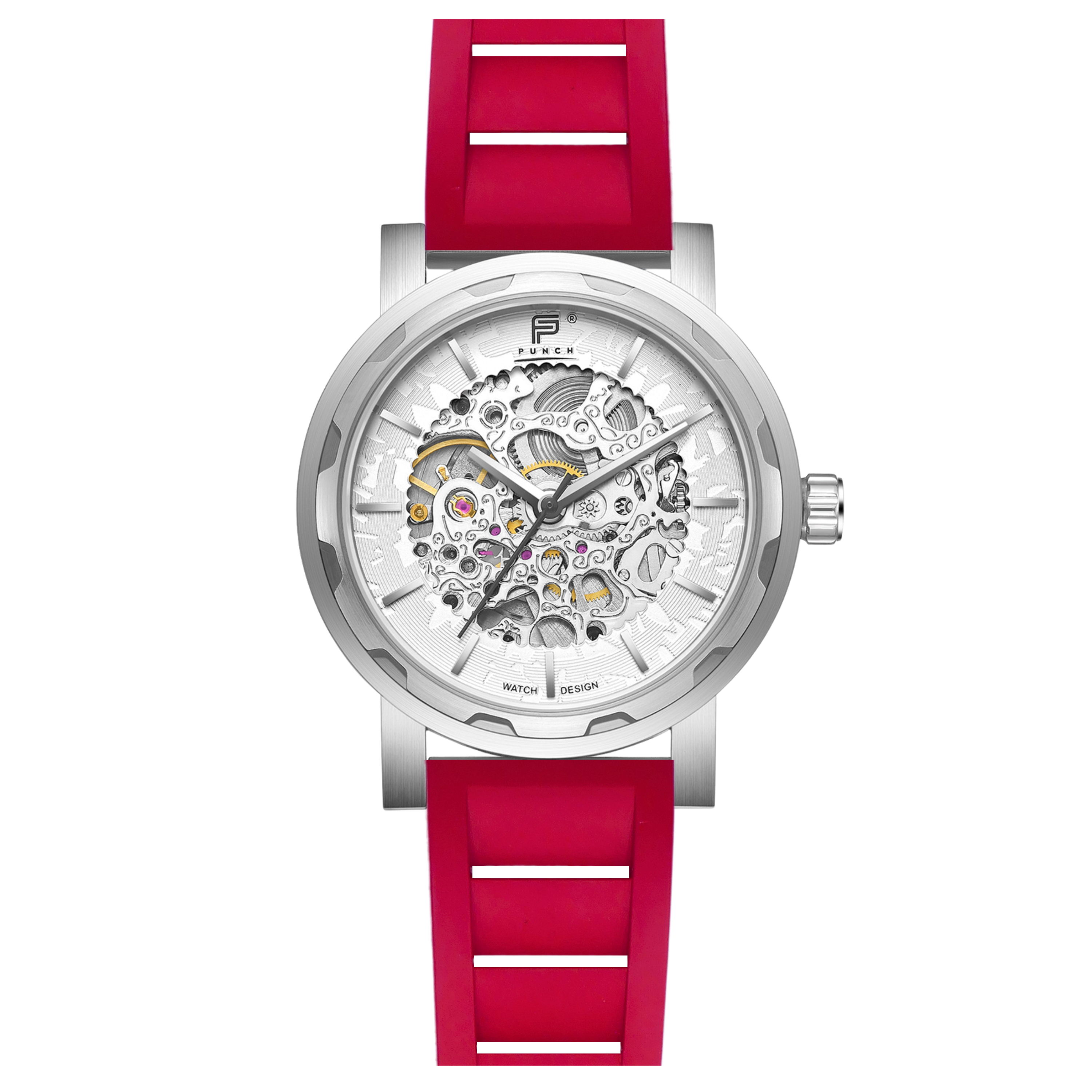 PUNCH Mens Watch, Silver & White Skeleton Automatic Watch - Red Rubber Strap - Punch Watch Design 