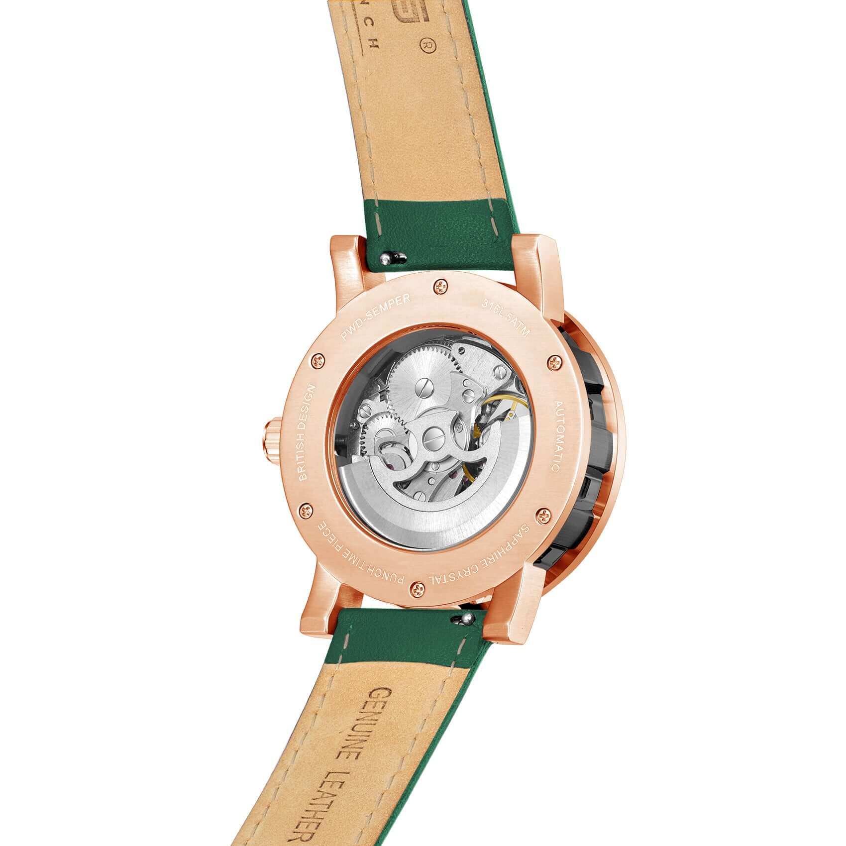 Mens Rose Gold Automatic Watch - Green Leather Strap l PUNCH - PUNCH Watch & Eyewear - Punch Watch Design