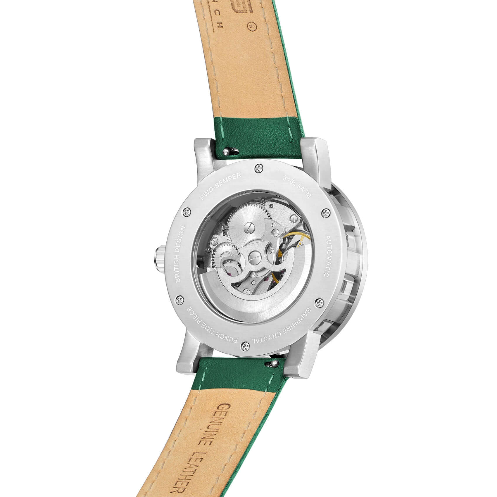 Mens Silver Automatic Watch - Green Leather Strap l PUNCH - PUNCH Watch & Eyewear - Punch Watch Design