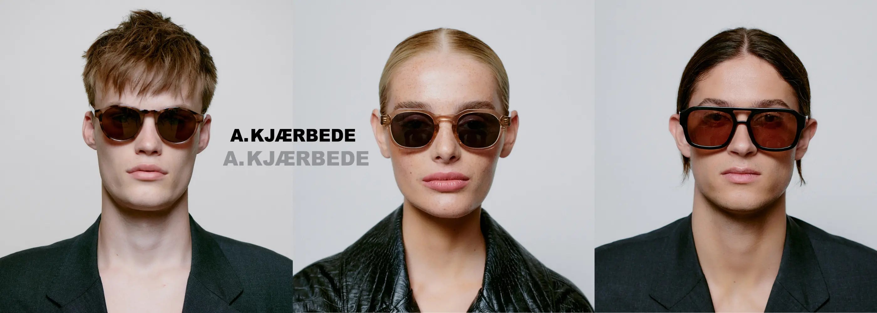 Three models wearing A.Kjaerbede sunglasses, Scandinavian fashion eyewear with modern design